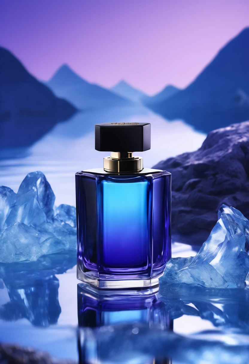 A bottle of black perfume, placed on blue crystal, on water, distant mountains, purple background, commercial photography, real shooting, realistic details, high-definition picture quality