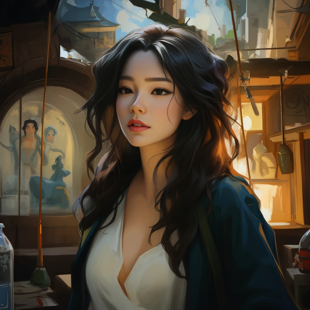 Illustration of a woman with long hair wearing a white shirt, Beautiful character drawings, by 양J, making: Zhang Han, Li Song, Works inspired by Han Young-ha, making: Chen Lin, realistic fantasy illustration, realistic oil paint, by Yesin, Wolf and Rostran, making: Zhou Wenjing, Guweiz style art work