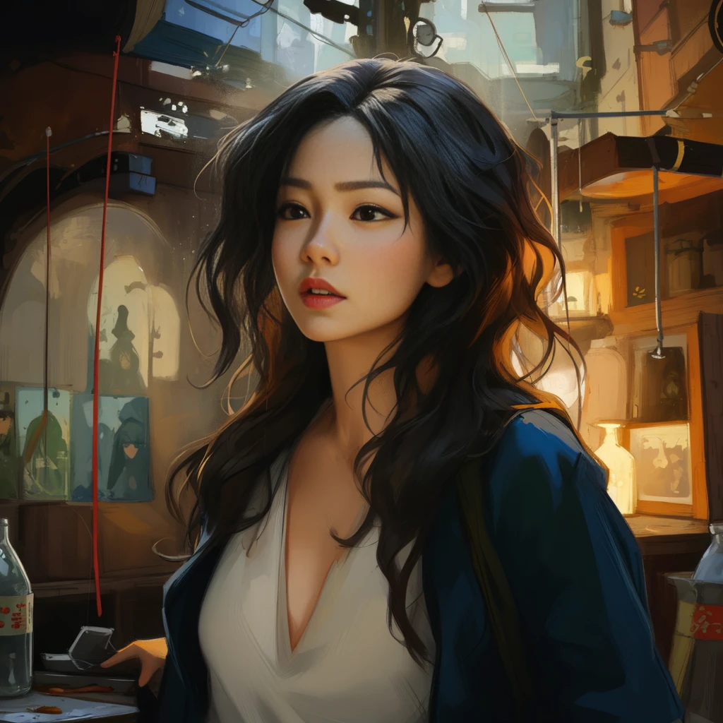 Illustration of a woman with long hair wearing a white shirt, Beautiful character drawings, by 양J, making: Zhang Han, Li Song, Works inspired by Han Young-ha, making: Chen Lin, realistic fantasy illustration, realistic oil paint, by Yesin, Wolf and Rostran, making: Zhou Wenjing, Guweiz style art work