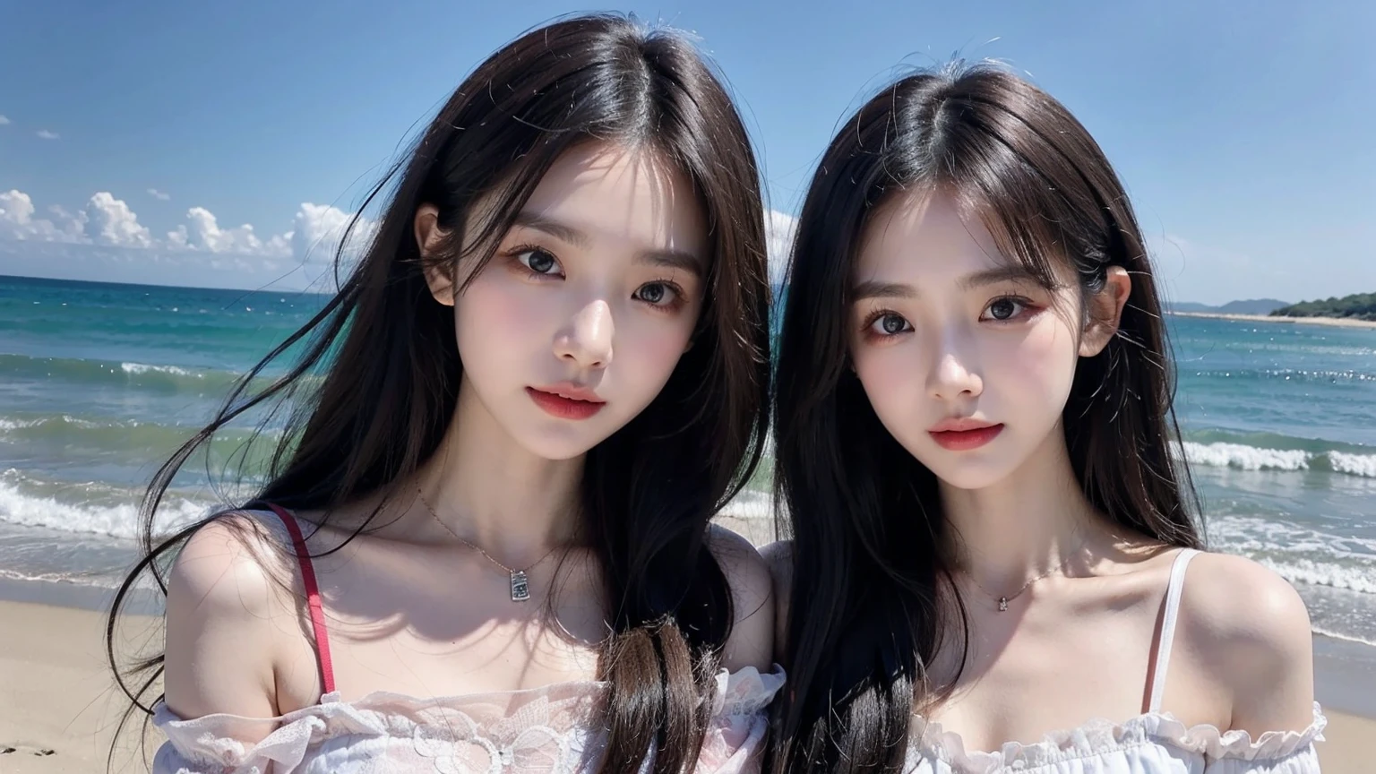 (High resolution 8K Raw lifelike,best quality),Fashion trendy beautiful charming woman,gentle and charming Chinese beautiful woman,South Korea,South Korea流行偶像,Exquisite and sexy collarbone,Charming goose egg face,double eyelids,skilled[Peach colored lower eyes,red pink lips,small nose,shoulder,The focus is on the face,face close-up,Ultra-detailed,Green off-shoulder long-sleeved top,green wrap skirt,light red hair,(Half body,solo:1.3),cleavage lace,Lace up, fresh and impressive, natural color,headlight,Normal body proportions, tattoo,(Ocean,beach),breeze in the breeze,sunshine on face,sweet smile