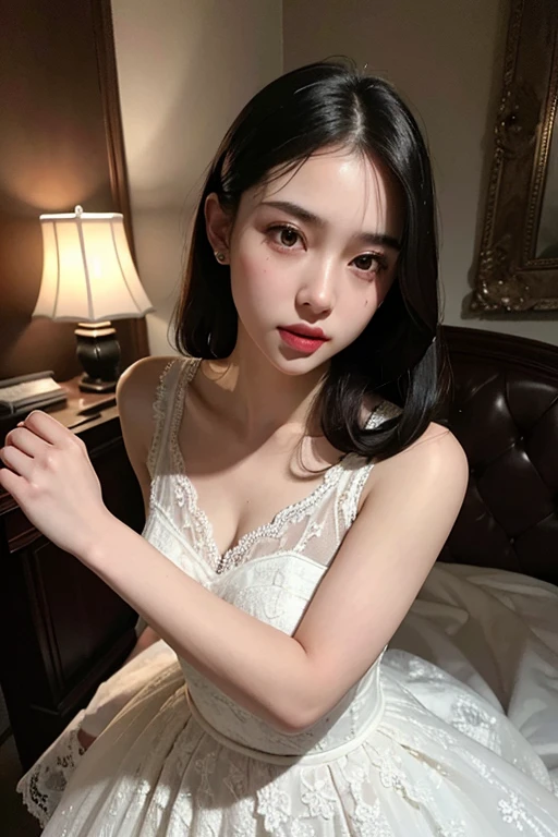 best quality,masterpiece,extremely detailed,high res,4k,ultra high res,detailed shadow,ultra realistic,realistic,dramatic lighting,1girl,solo,detailed face,realistic eyes,realistic skin,white dress,black hair,dynamic pose, white lace dress, full body, standing in a different pose
