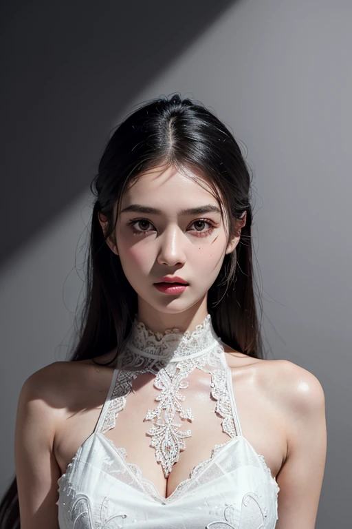 best quality,masterpiece,extremely detailed,high res,4k,ultra high res,detailed shadow,ultra realistic,realistic,dramatic lighting,1girl,solo,detailed face,realistic eyes,realistic skin,white dress,black hair,dynamic pose, white lace dress, full body, standing in a different pose