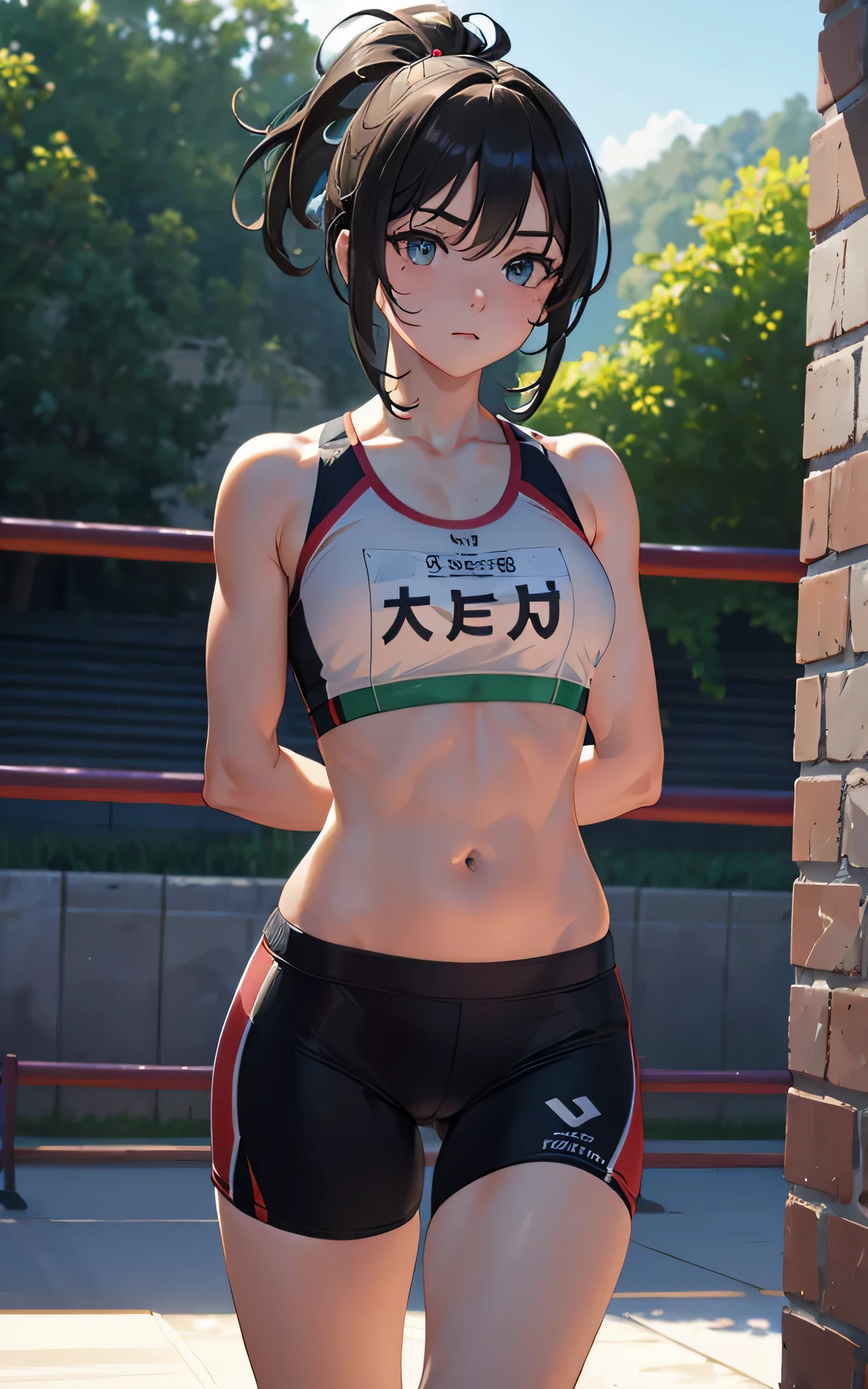 Unity 8K Wallpaper, Masterpiece, Best Quality, Ultra Detailed, Extremely Detailed CG, Ultra High Resolution, Caustics, Detailed, Beautiful Detailed Eyes, upper body, (stand against the wall, arms behind back:1.3, athletics stadium, brighten the subject, running trunks),