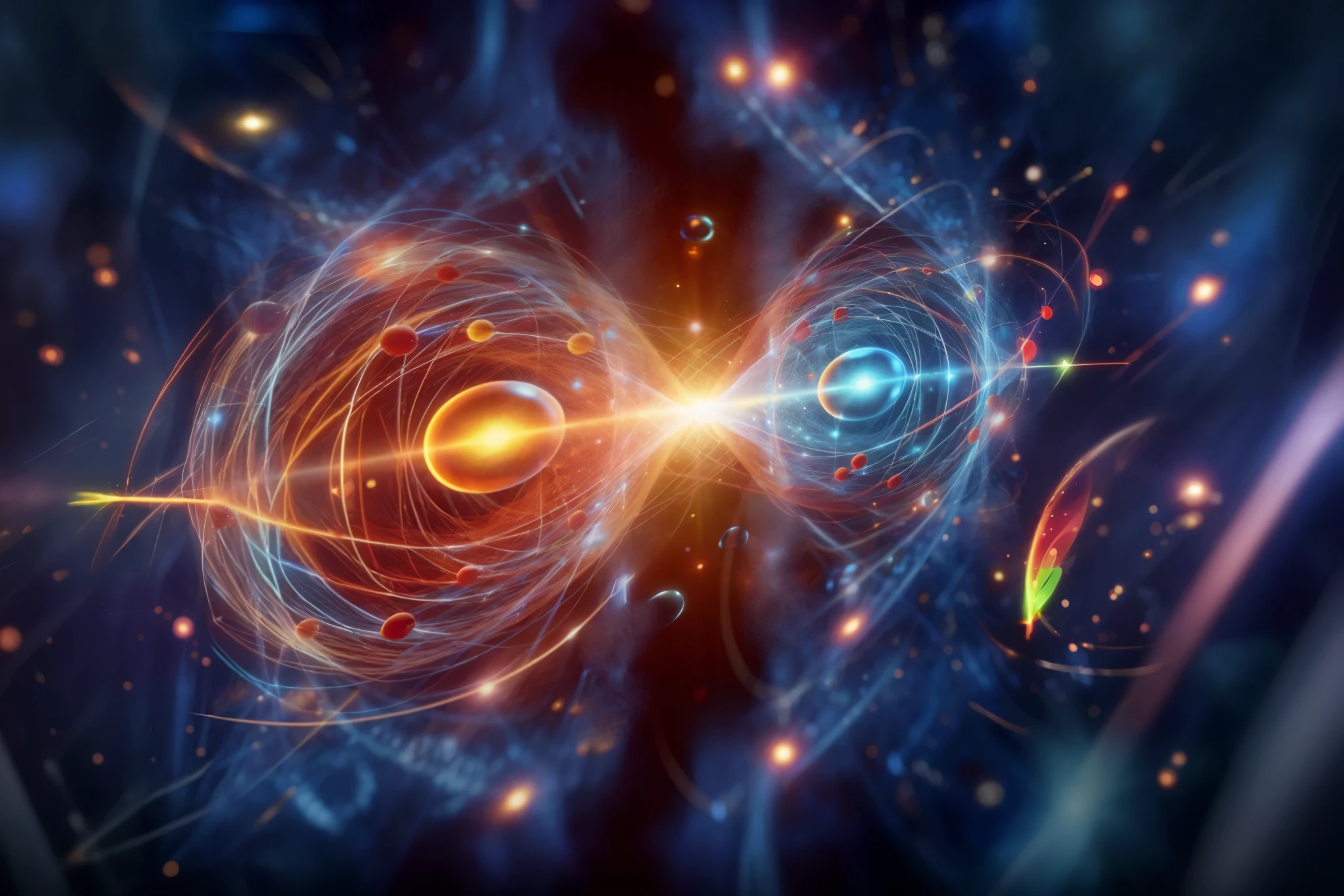 Many particles and photons，Multiple particles and photons，There are multiple photon trajectories，Background hazy and blurry，dark background