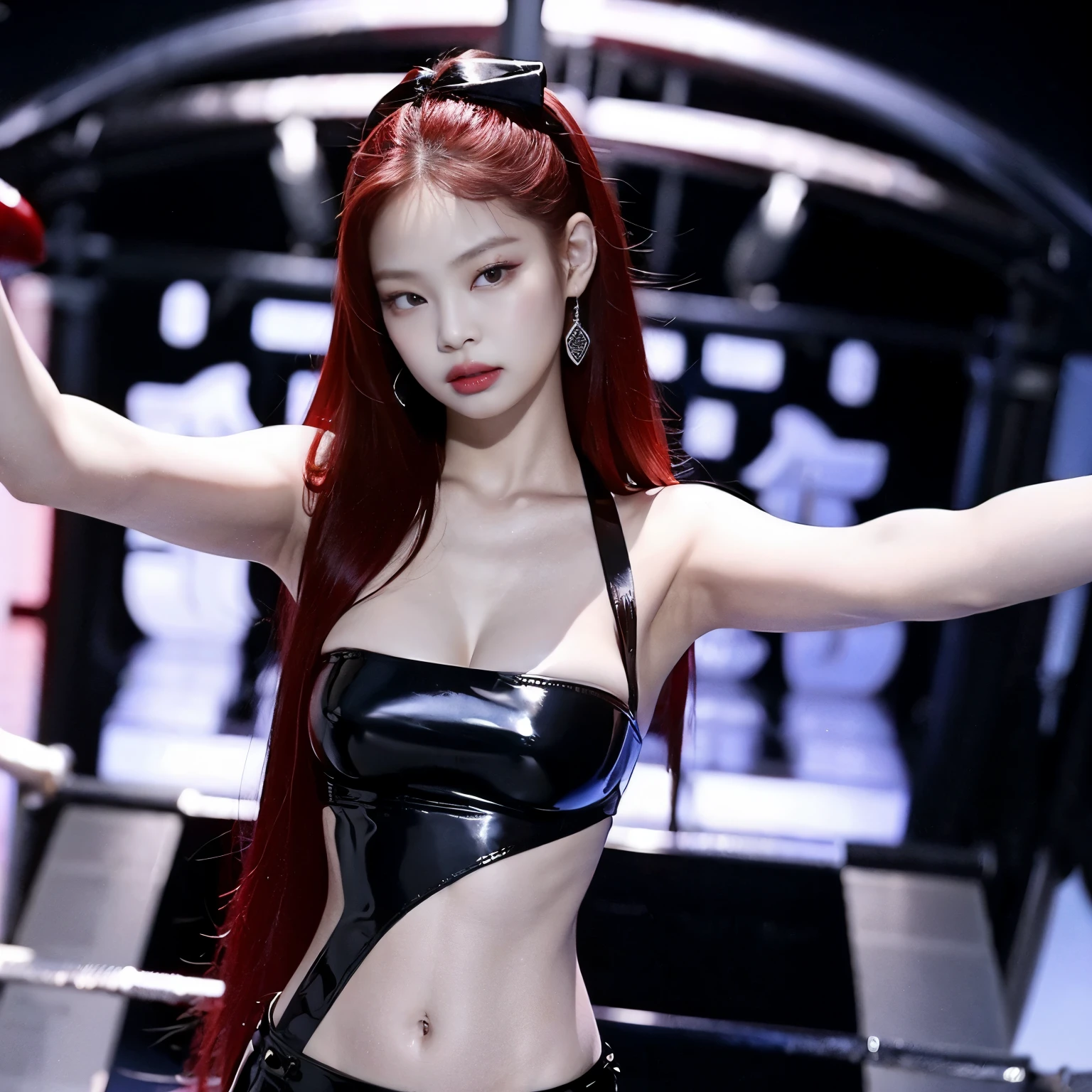 woman taking a selfie, has straight cherry red deep hair, takes a selfie, shows her face, wears black gothic clothes, perfect white skin, Jennie Kim, perfect nose, beautiful woman, perfect lips, beautiful background, red hair, korean woman, look sensual, jennie blackpink, jennie kim, shows her face, big breasts, cleavage, wears black latex clothing,