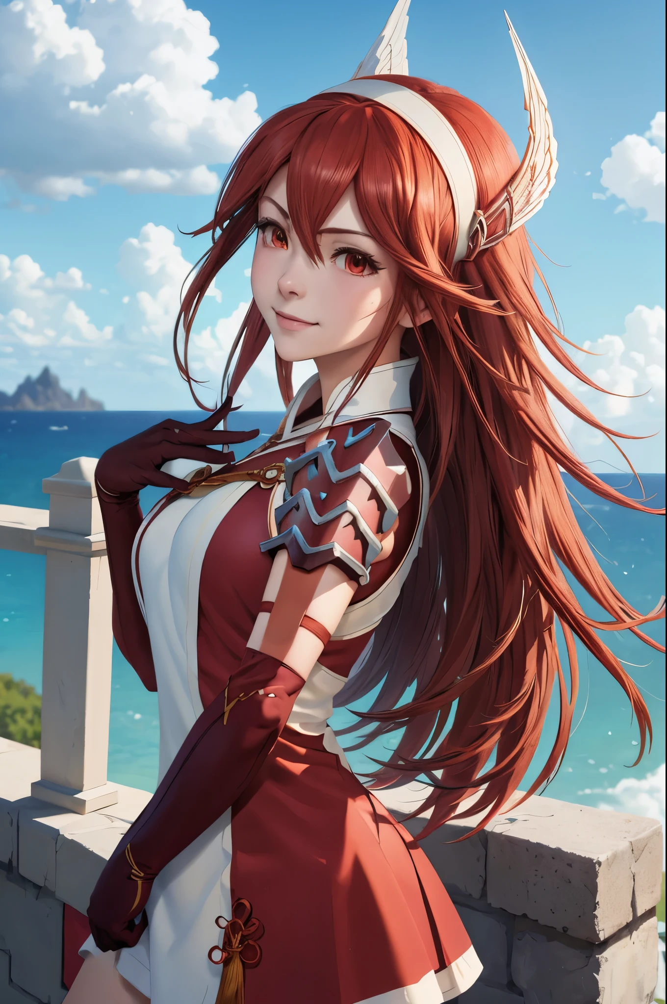 masterpiece, best quality, caeldori, hairband, hair ornament, short dress, shoulder armor, elbow gloves, upper body, looking up, sky, clouds, smile, closed mouth 