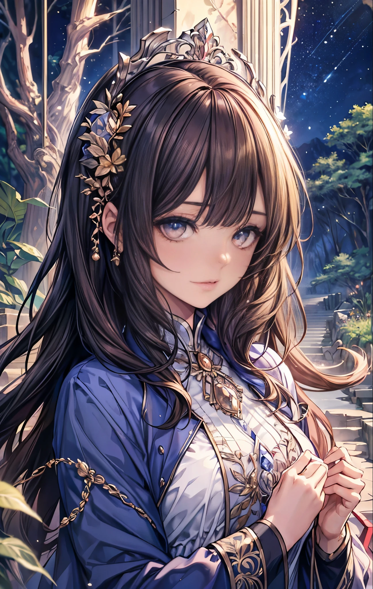 ((top quality)),(Super high resolution),(super detailed face),(detailed description),((best anime)),(best work of art),sharp, super precision art, amazing art of depiction,The beauty of intricate and meticulous details:1.3, ((woman:1.5)), clear shining eyes, very detailed, high quality, masterpiece, (最high quality:1.4), (masterpiece:1.4), ultra high resolution, 8K, cg, exquisite, Upper body, Lonely, thumb girl, Little Princess, Blue Taffeta Coat Dress, forest background, detailed facial features, brown hair, almond shaped eyes, detailed eye makeup, long eyelashes, Amber eyes with a starry gaze, delicate lip details, soft and harmonious style