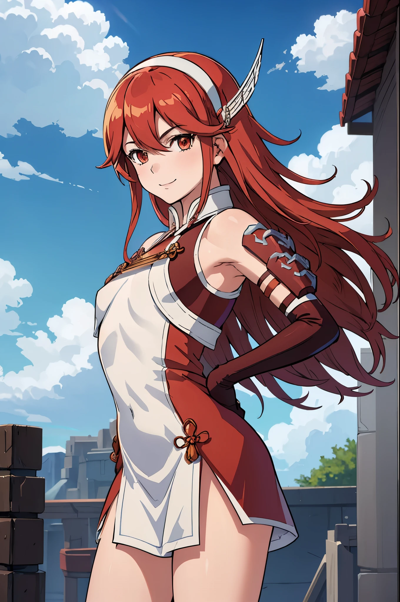 masterpiece, best quality, caeldori, hairband, hair ornament, short dress, shoulder armor, elbow gloves, cowboy shot, blue sky, clouds, looking at viewer, hair blowing in the wind, smile 