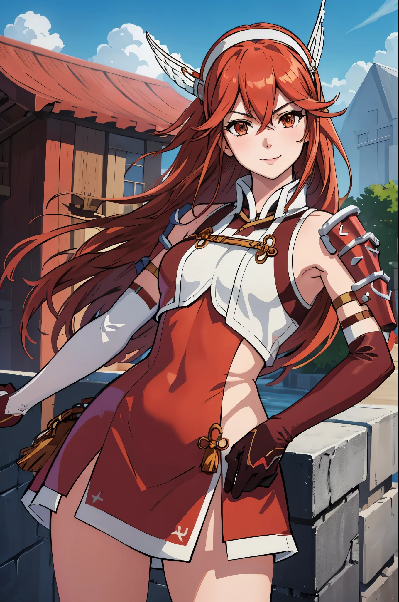 masterpiece, best quality, caeldori, hairband, hair ornament, short dress, shoulder armor, elbow gloves, cowboy shot, blue sky, clouds, looking at viewer, hair blowing in the wind, smile 