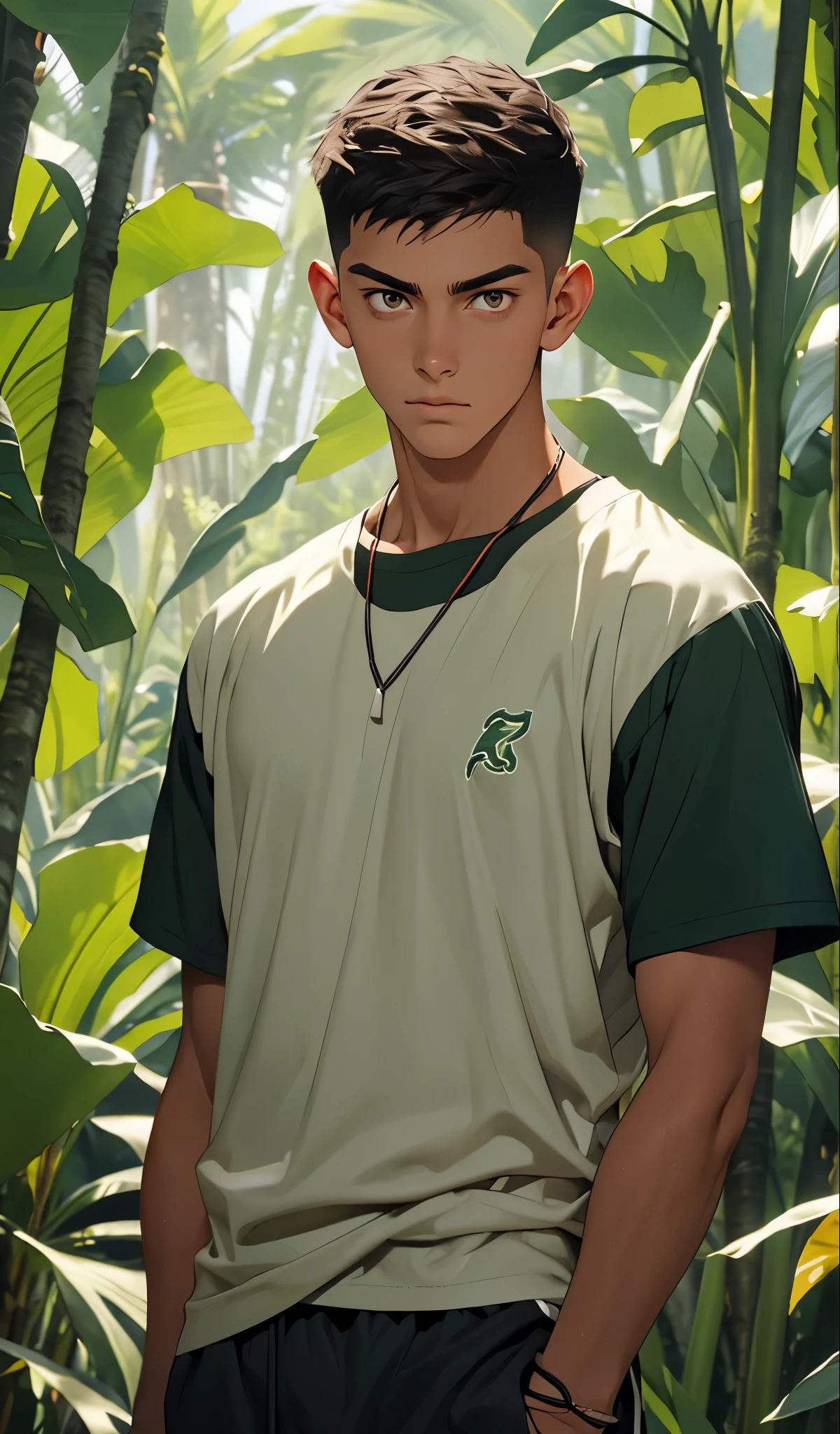 1 boy,tall and strong,perfect male figure, eyes looking at camera.(sports student), ((tanned skin)),Buzz cut,Bandage wrist guards,Feather necklace,serious expression, standing in forest,Rainforest,Ray tracing,glowing eyes