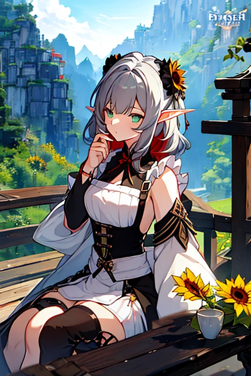 (Masterpiece)), ((Best Quality)), ((1 Girl)), ((Housekeeper)) ((Long Elf Ears))) red hair + Short curly hair + Long curved eyelashes + green eyes + Soft and feminine features + average height + femenine body + Tan skin + medium-sized hands + Long and neat nails soft skin + mole under eyes ((Maid uniform: Chinese style, shorts, thigh-high boots, apron, long fabrics, neckline" clothing color palette: white, black, silver, red wine, aquamarine and grey")) ((sunflower accessories))