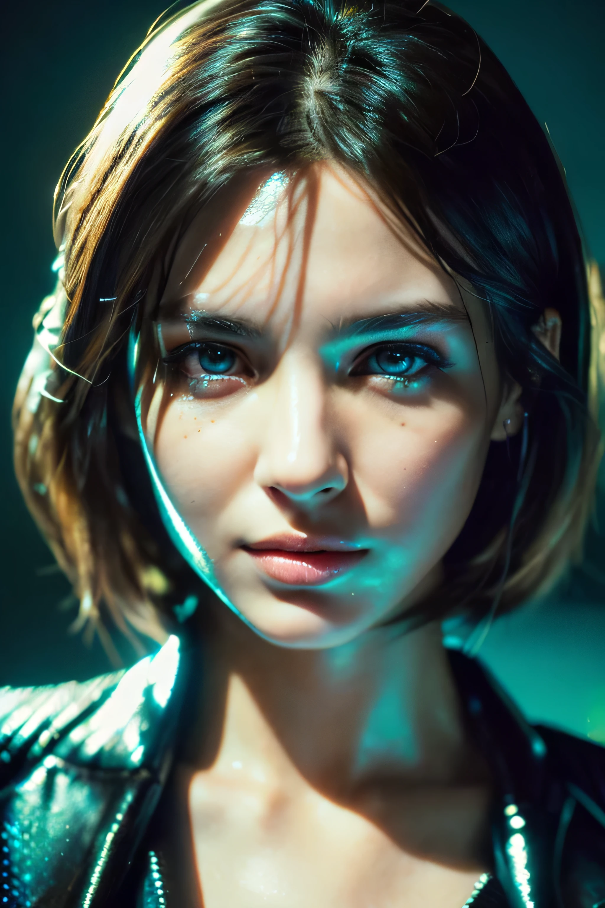 (Best Quality, Masterpiece, Ultra High Definition, High resolution, highly detailed, High Definition Face, clear pictures, HDR:1.5), (20-year-old woman:1.3), (eyes be visually in focus:1.4), (film photography style:1.5), (background neon sign, neon color fashion, gantz suit:1.5), (Slim Big Breasts, huge Breasts:1.2), (Glossy, highly fine breasts, shiny skin), highly detailed facial and skin texture, (beautiful eyes, light in the eyes, detailed eyes), clean face, white skin, very Fair skin, cyberpunk beauty