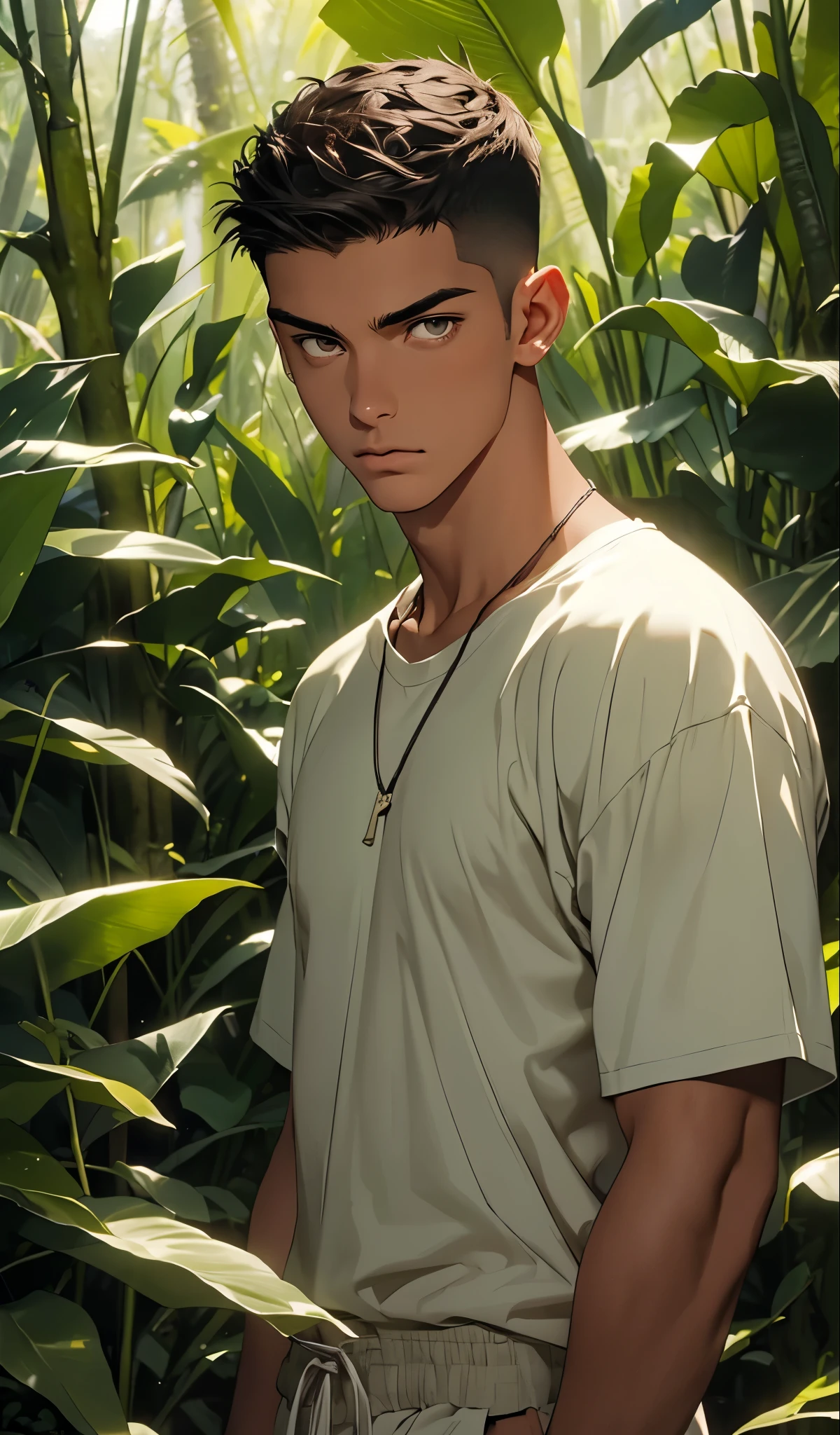 handsome man,tall and strong,perfect male figure, eyes looking at camera.(sports student), ((tanned skin)),Buzz cut,Bandage wrist guards,Feather necklace,serious expression, standing in forest,Rainforest,Ray tracing,glowing eyes
