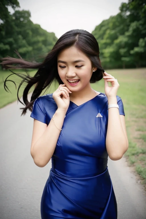 A girl wearing a short blue dress and shoes was blowing up in the wind, quickly covering the hem of her dress with both hands and laughing happily. Her hair was blowing in the wind..(8k),(uhd),(high quality photos output),(ultra-realistic),(flim photography)