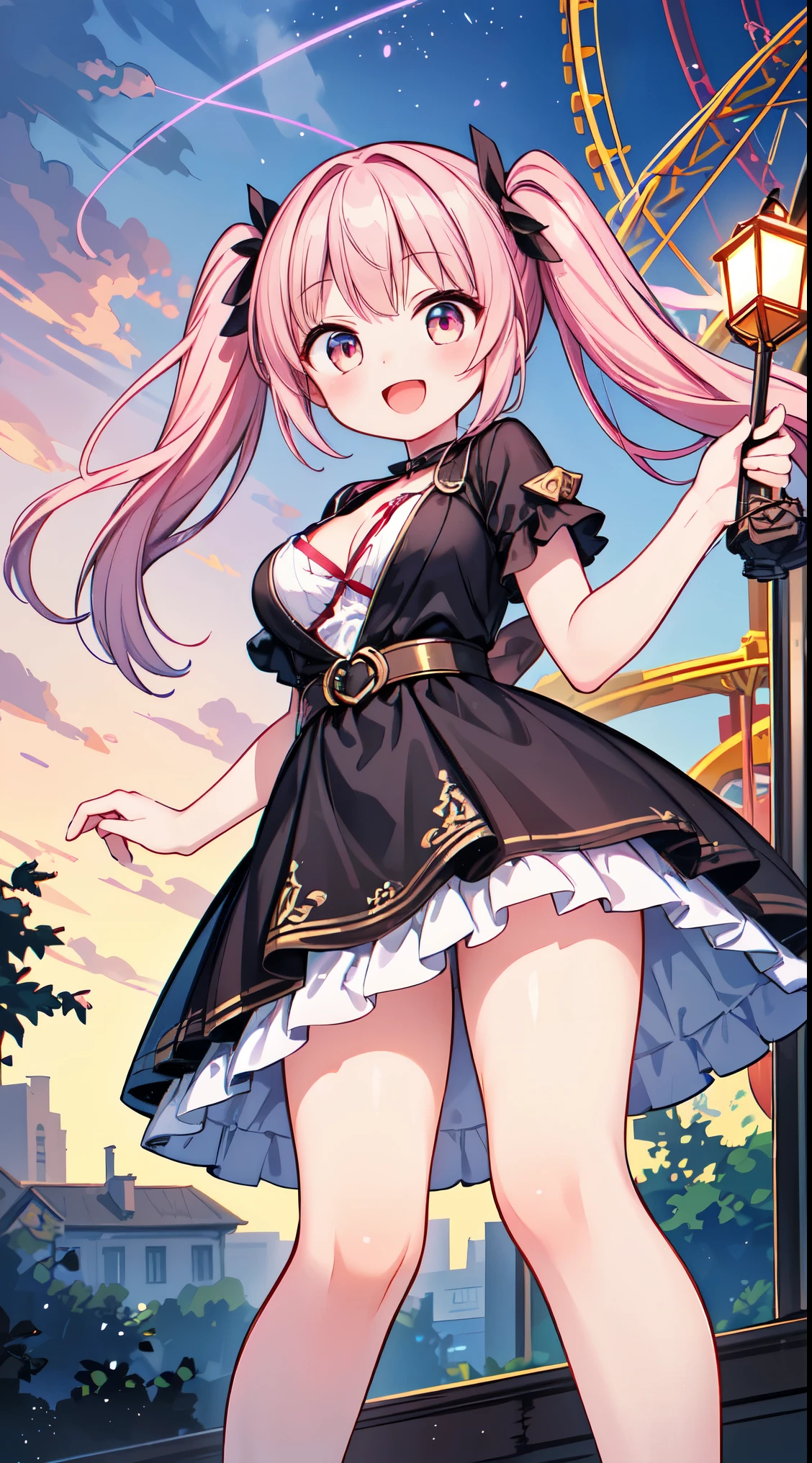 1 girl, game CG, white dress, cleavage visible, shoulders visible, corset, white short skirt, white jacket, neck ribbon, white beret, gigantic breasts, pink hair, long hair, straight hair, ahoge, pink eyes, amusement park, Halloween background, smile,