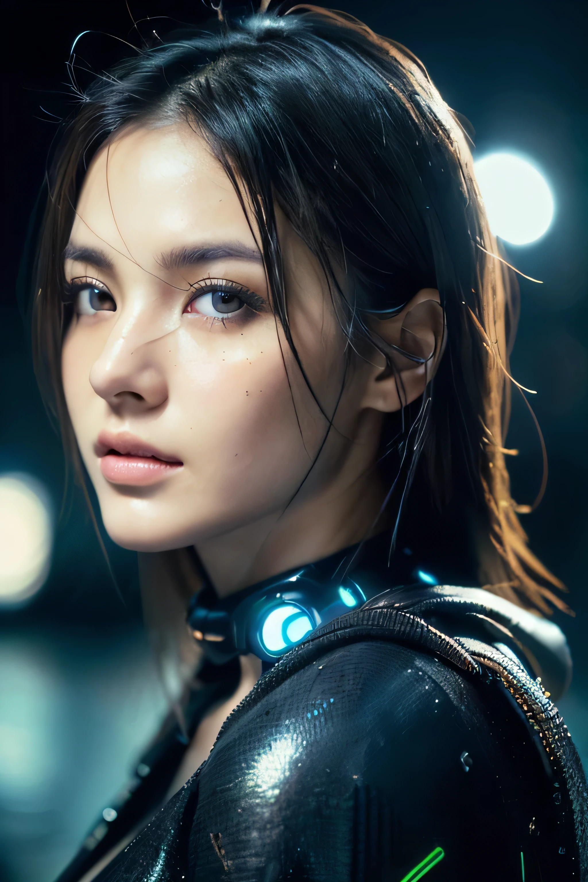 (Best Quality, Masterpiece, Ultra High Definition, High resolution, highly detailed, High Definition Face, clear pictures, HDR:1.5), (20-year-old woman:1.3), Japanese beauty, (eyes be visually in focus:1.4), (film photography style:1.5), (background neon sign, neon color fashion, gantz suit:1.5), (Slim Big Breasts, huge Breasts:1.2), (Glossy, highly fine breasts, shiny skin), highly detailed facial and skin texture, (beautiful eyes, light in the eyes, detailed eyes), clean face, white skin, very Fair skin, cyberpunk beauty