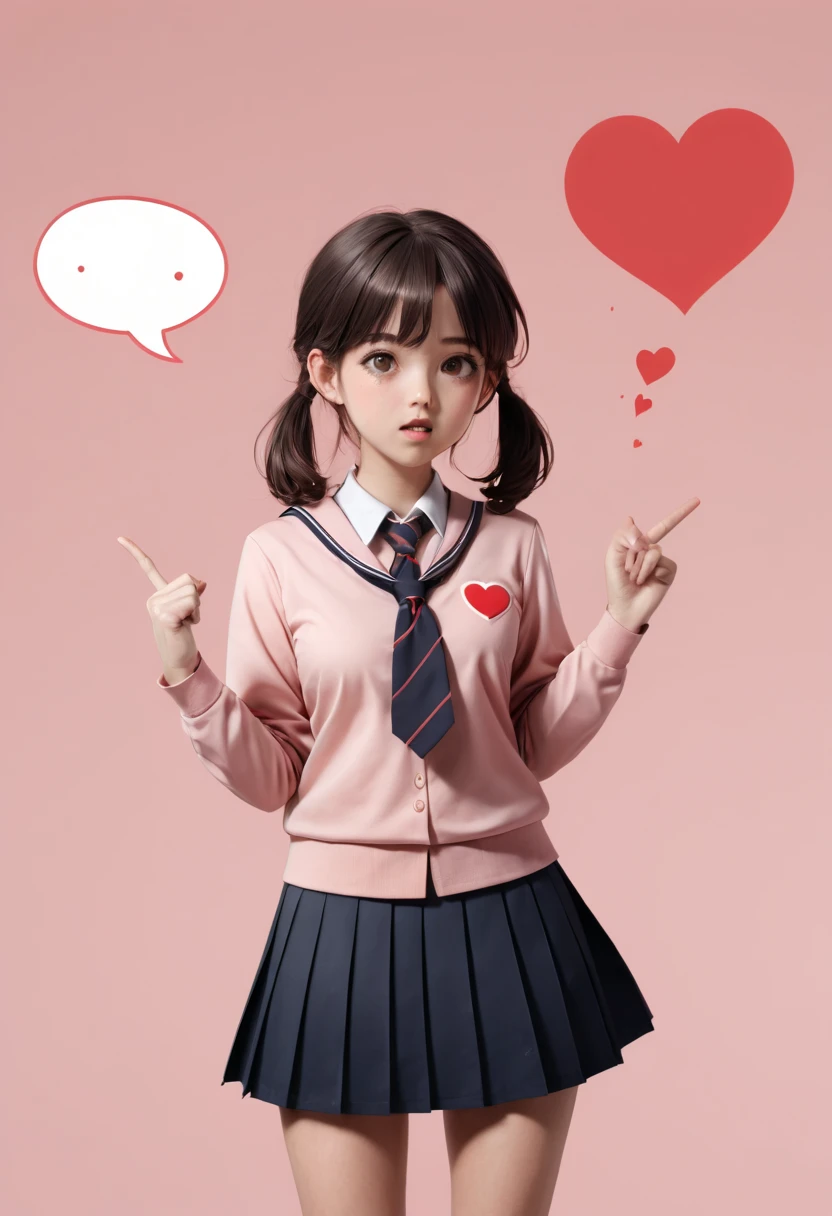 a girl, blush, heart, pleated skirt, school uniform, simple background, speech bubble, spoken heart, enhance, intricate, (best quality, masterpiece, Representative work, official art, Professional, 8k)