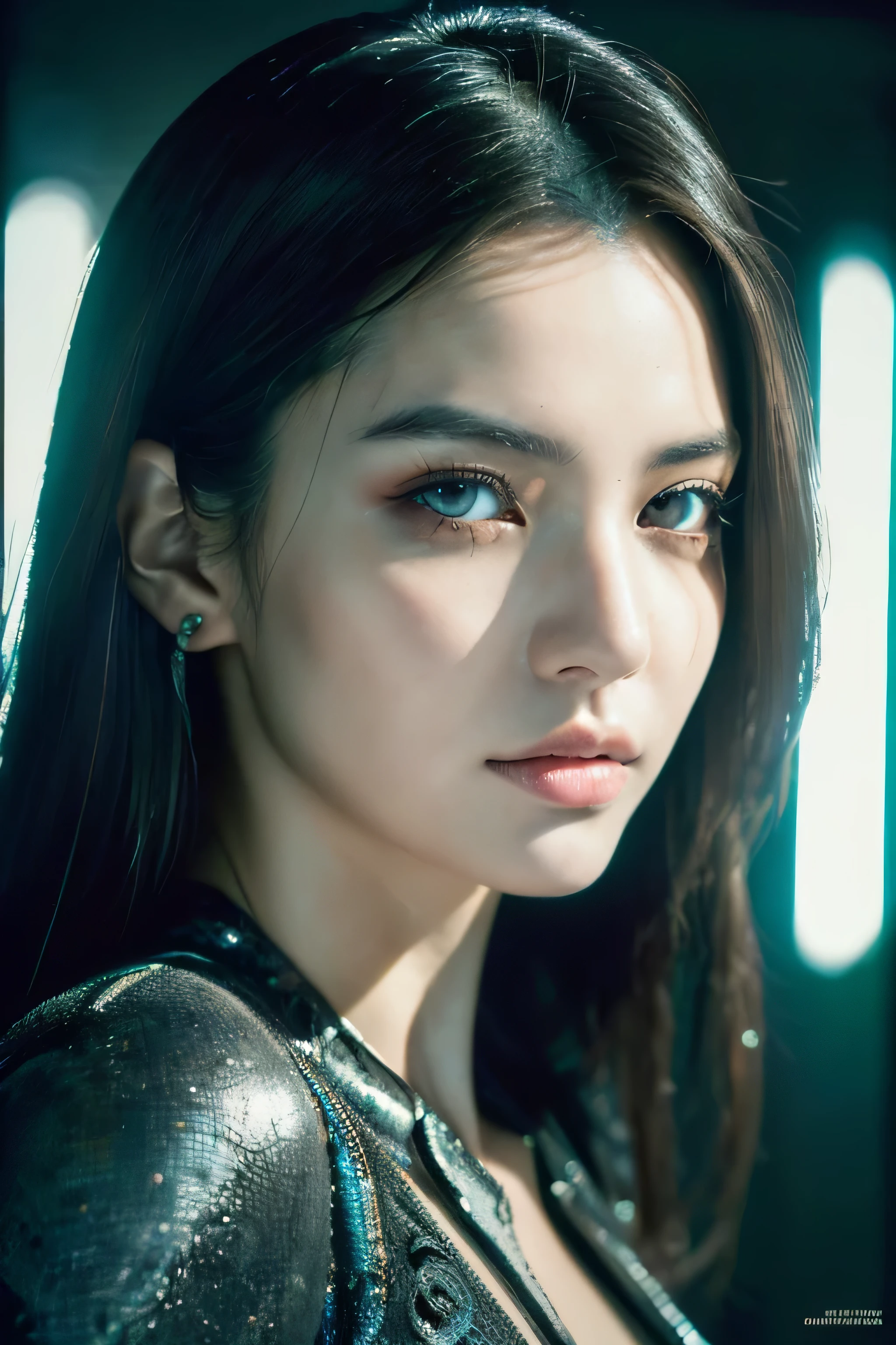 (Best Quality, Masterpiece, Ultra High Definition, High resolution, highly detailed, High Definition Face, clear pictures, HDR:1.5), (20-year-old woman:1.3), Japanese beauty, (eyes be visually in focus:1.4), (film photography style:1.5), (background neon sign, neon color fashion, gantz suit:1.5), (Slim Big Breasts, huge Breasts:1.2), (Glossy, highly fine breasts, shiny skin), highly detailed facial and skin texture, (beautiful eyes, light in the eyes, detailed eyes), clean face, white skin, very Fair skin, cyberpunk beauty