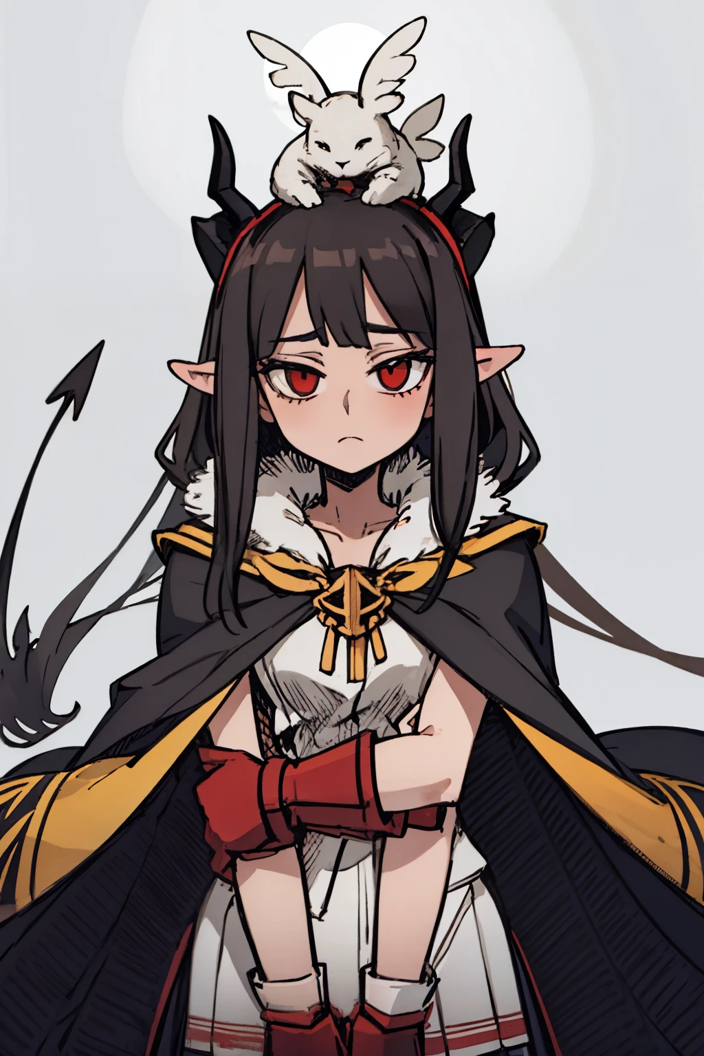 ((a woman,front,whole body)),cloak,black hair,There are white demon horns on the head,White background,Native American,feather