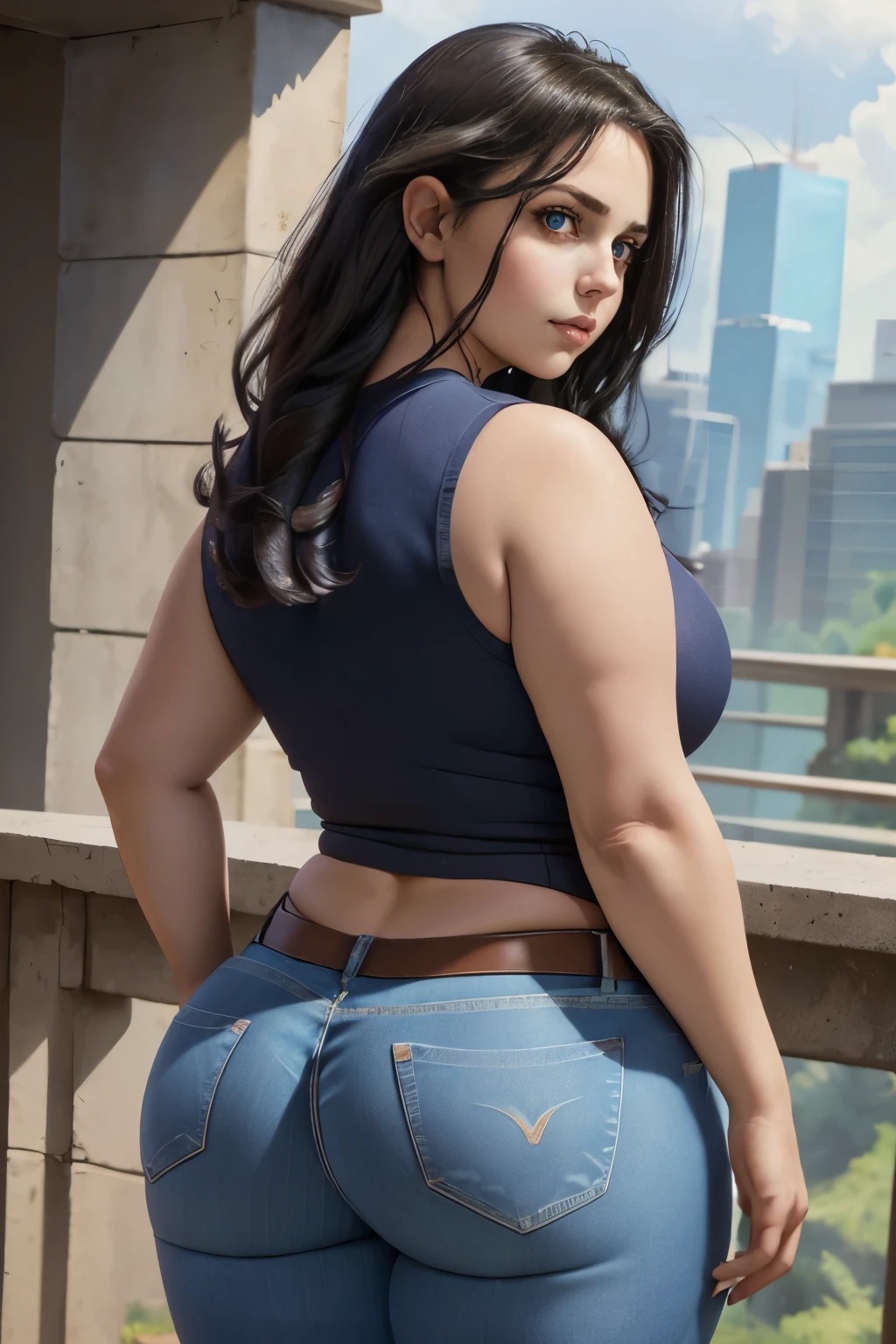 masterpiece, (art), (anime) , (best quality), perfect quality, solo, (detailed eyes), girl, Nico Robin, very beautiful, young, view from back, pose: (sexy pose, standing, view from back), face : (small smile, plump face, young, very beautiful face, very beautiful, cute face, young, big eyes) , figure: ( very full body, very full figure, a bit chubby, chubby belly, big breasts, very curvy, very thicc, very thick, navel, very soft, very curvy, love handles, sexy curves, sexy, muffin top, very thick thighs, thunder thighs) , clothes : (tight jeans, tight short shirt)