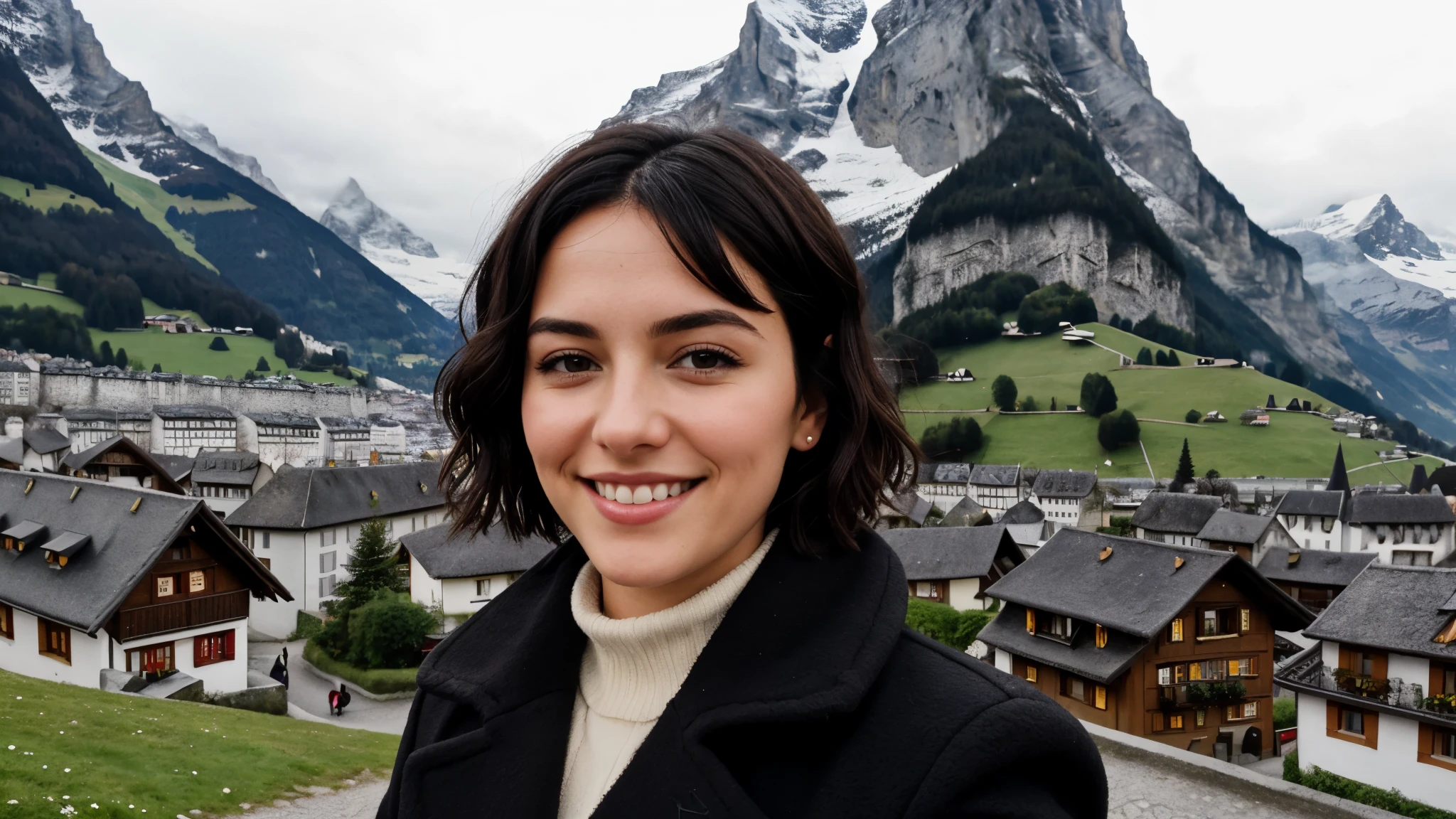 Instagram pictures, French Girl, short hair, black hair, Close-up photo, coat, The background is the village of Grindelwald.., Switzerland, smile a little,