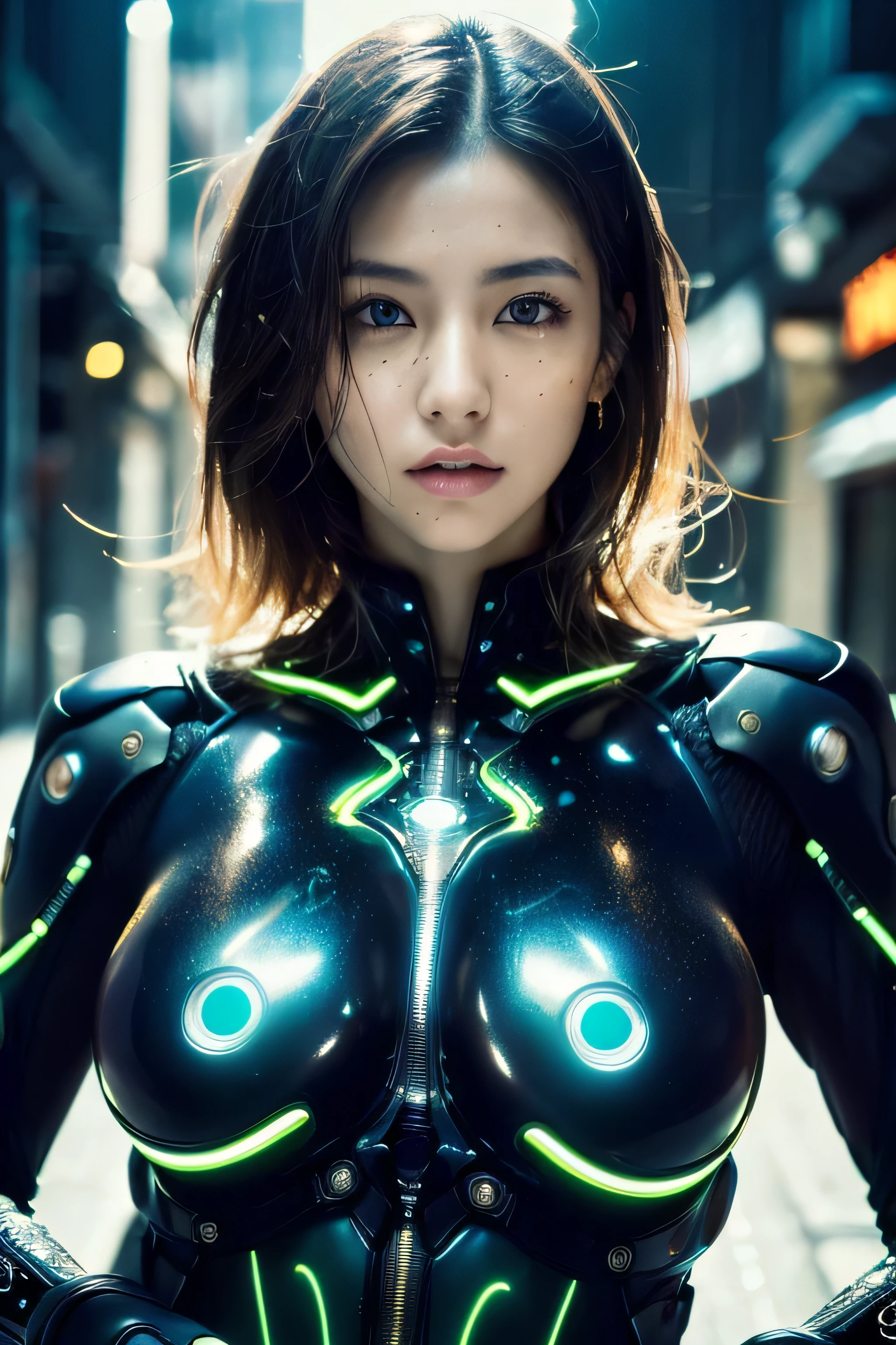 (Best Quality, Masterpiece, Ultra High Definition, High resolution, highly detailed, High Definition Face, clear pictures, HDR:1.5), (20-year-old woman:1.3), Japanese beauty, (eyes be visually in focus:1.4), (film photography style:1.5), (background neon sign, neon color fashion, gantz suit:1.5), (Slim Big Breasts, huge Breasts:1.2), (Glossy, highly fine breasts, shiny skin), highly detailed facial and skin texture, (beautiful eyes, light in the eyes, detailed eyes), clean face, white skin, very Fair skin, cyberpunk beauty