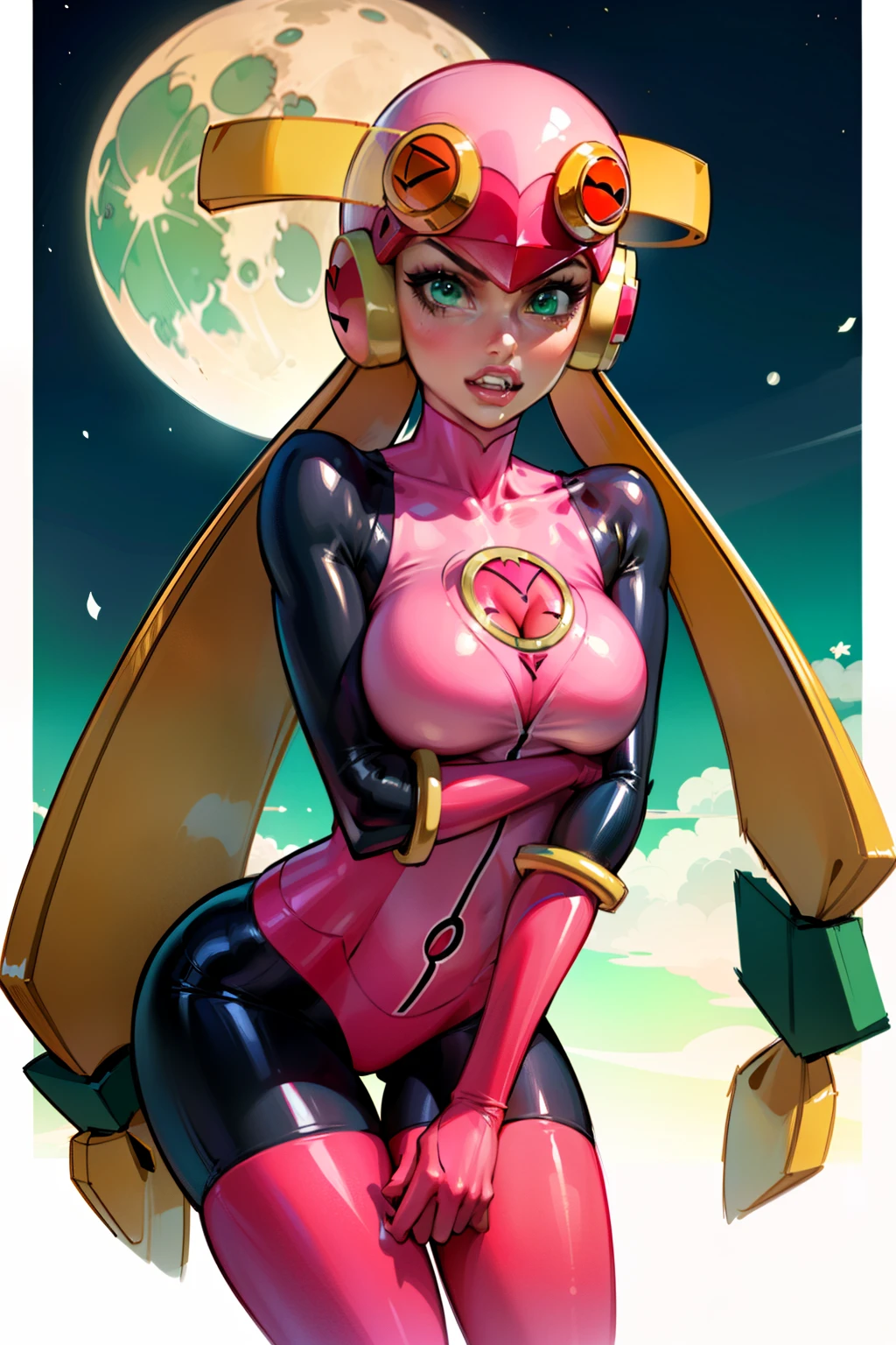 Waifu, masterpiece, curvy, breasts, moon, full moon, gloves, 1girl, clenched teeth, cleavage, large roll_exe_megamanbn,(helmet),blonde hair,long hair,leotard,green eyes,pink bodysuit,bodysuit,, breasts, teeth, ((roll_exe:1.2)), (small breasts:1.1), rating:explicit,rule34, , tits,clenched hands, night, sky, ((pink bodysuit:1.4)),(white skin:1.4), clenched hand, rating:questionable, (((long blonde hair:1.5))), solo, angry, lip biting, official illustration, illustration, detailed face, beautiful intricate eyes, curvy milf, 1:2), closeup, titsnipples