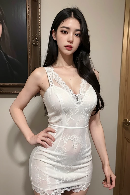 best quality,masterpiece,extremely detailed,high res,4k,ultra high res,detailed shadow,ultra realistic,realistic,dramatic lighting,1girl,solo,detailed face,realistic eyes,realistic skin,white dress,black hair,dynamic pose, white lace dress, full body, standing in a different pose