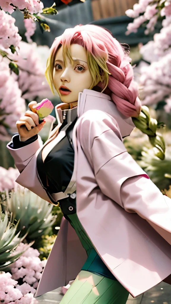 anime girl in a pink wig and green stockings holding a sword, sakura haruno in slug sage mode, shirabii, haruno sakura, inspired by Nishikawa Sukenobu, draped in pink and green robes, anime cover, madoka kaname, illustrious makinami, digital art from danganronpa, pink white and green, from touhou