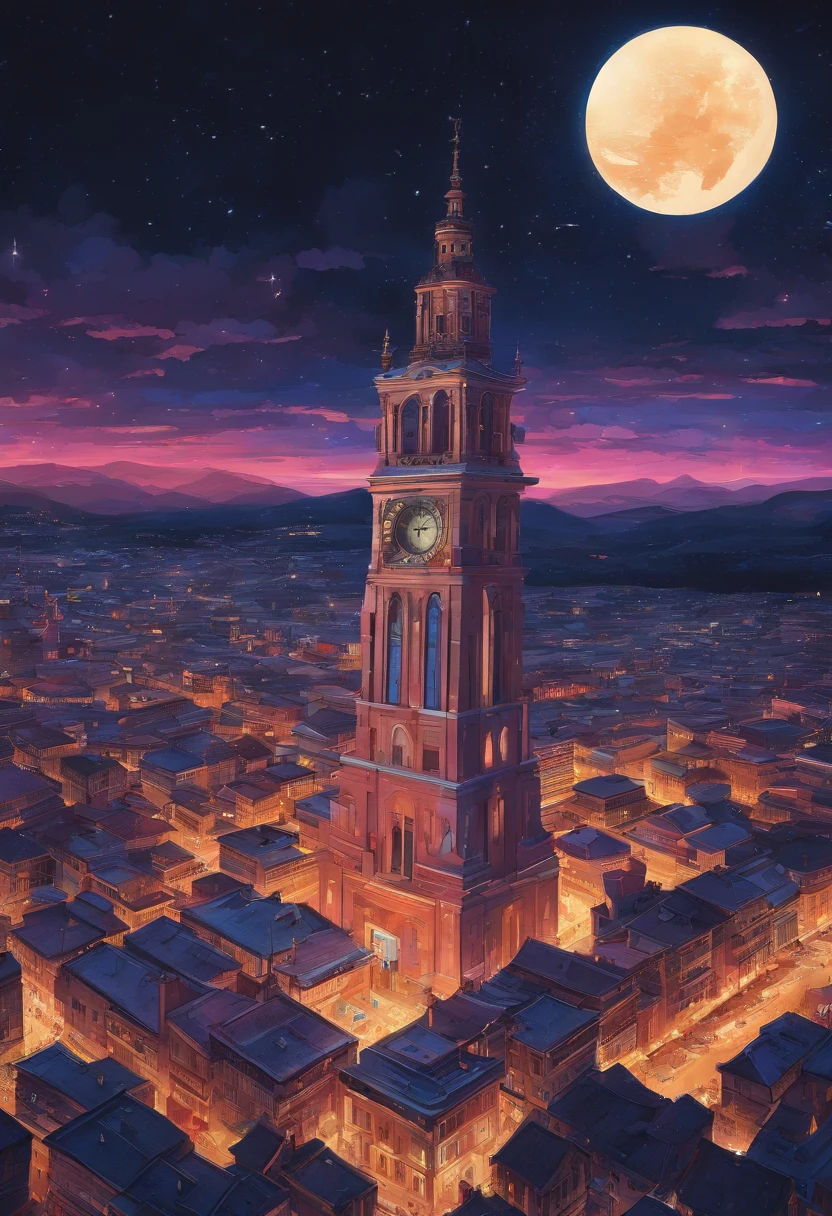 high quality, 8K Ultra HD, Antique clock tower and cityscape made of starry sky, chiaroscuro, perspective, acrylic, oil paint, masterpiece, surrealism, abstract, sketch, impressionism, asymmetry, palette knife, vibrant, perspective, hue, saturation, craftsmanship, brushwork, visual narrative, aesthetics, conceptual, chiaroscuro, vibrant, dynamic, sublime, transcendental, luminism, 3d render, octane render, Isometric, by yukisakura, awesome full color,