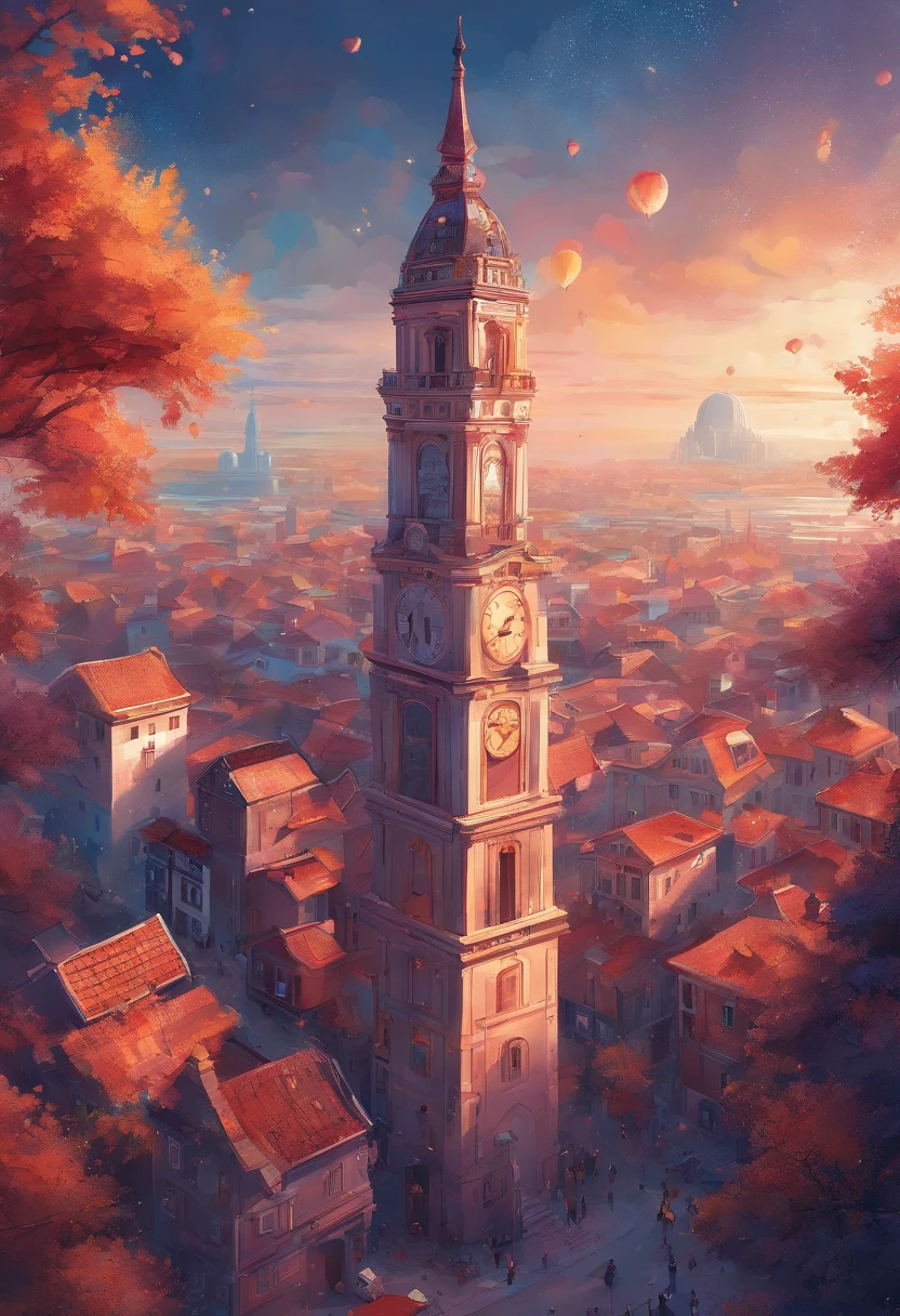 high quality, 8K Ultra HD, Antique clock tower and cityscape made of starry sky, chiaroscuro, perspective, acrylic, oil paint, masterpiece, surrealism, abstract, sketch, impressionism, asymmetry, palette knife, vibrant, perspective, hue, saturation, craftsmanship, brushwork, visual narrative, aesthetics, conceptual, chiaroscuro, vibrant, dynamic, sublime, transcendental, luminism, 3d render, octane render, Isometric, by yukisakura, awesome full color,