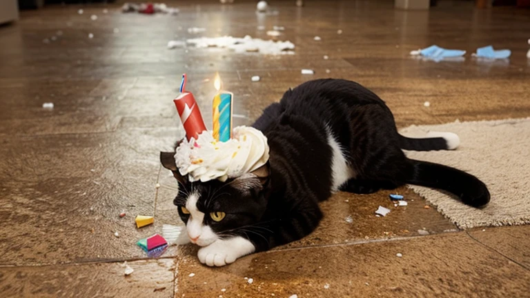 a cat celebrating a birthday with a cake smashed on the floor