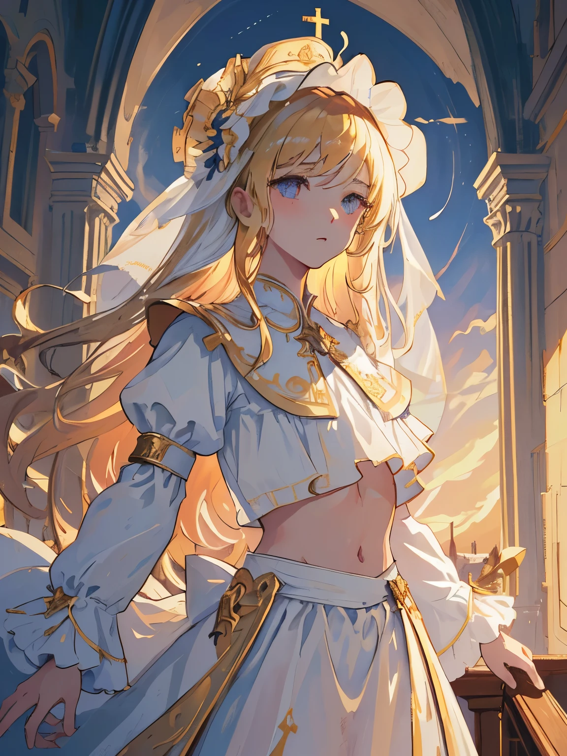 master piece,best quality,illustration,1girl,small breast,beatiful detailed eyes,beatiful detailed sky,in church,cinematic lighting,dramatic angle,magnificent clothes,white shirt,midriff,frills,chtholly,head wear,long golden hair,beatiful detailed catenary arch