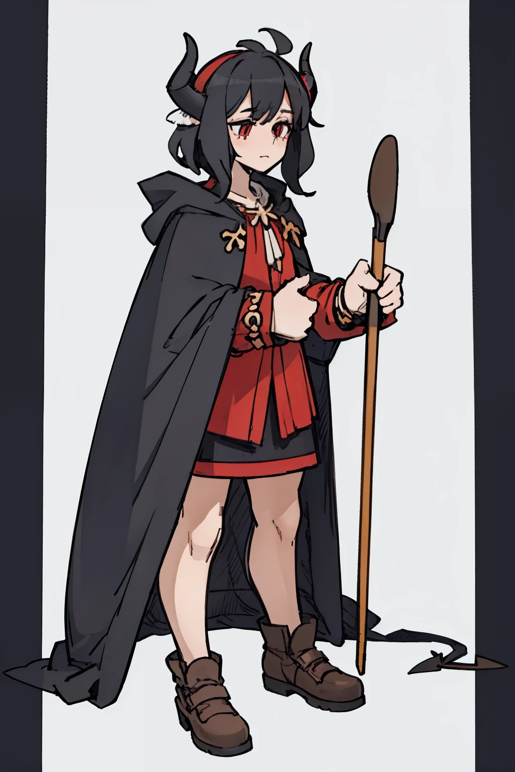 （（a woman，front，whole body）），cloak，black hair，There are white demon horns on the head，White background，Native American，feather