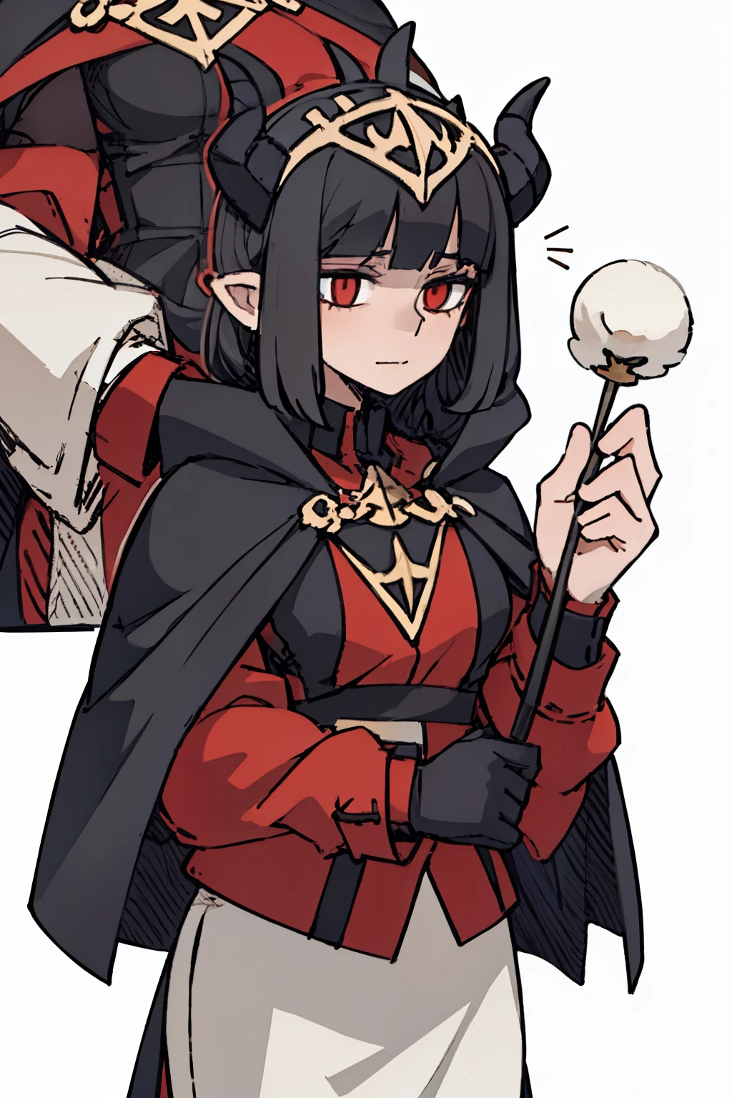 ((a woman,front,whole body)),cloak,black hair,There are white demon horns on the head,White background,Native American,feather