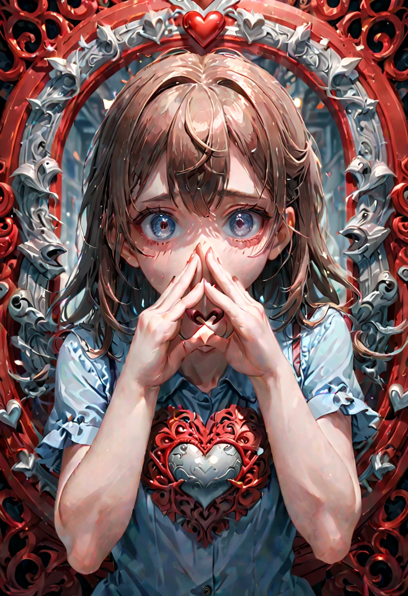 a girl making a heart with her hands in front of her face, enhance, intricate, (best quality, masterpiece, Representative work, official art, Professional, 8k)