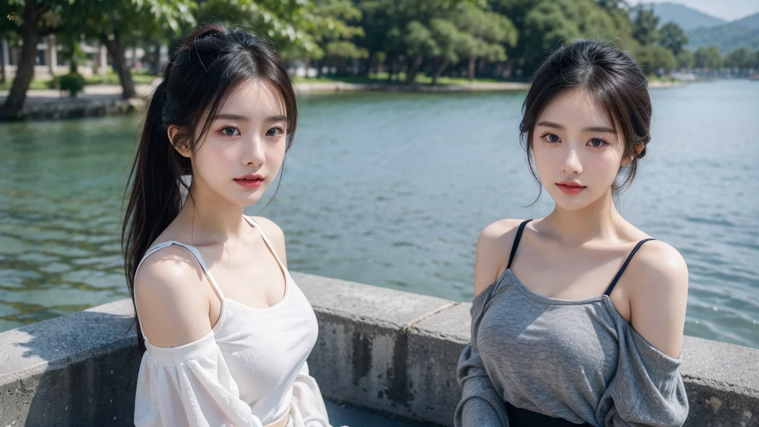 （2 18-year-old Chinese fashion female models），cleavage，Half body，Off the shoulders，perfect eyes，perfect iris，perfect lips，perfect teeth，perfect skin，White skin，soft headlights，Front light，Chinese girl，Yarn（T-shirts with Chinese characters and printed patterns on them），（Long hair in a single ponytail），（Various dynamic poses），Island in the lake in the background，Ancient Pavilion，Green trees outside the window，MUCH QUALITY，masterpiece，ultra high resolution，（lifelike：1.3），original photo（Super lifelike details）， best quality