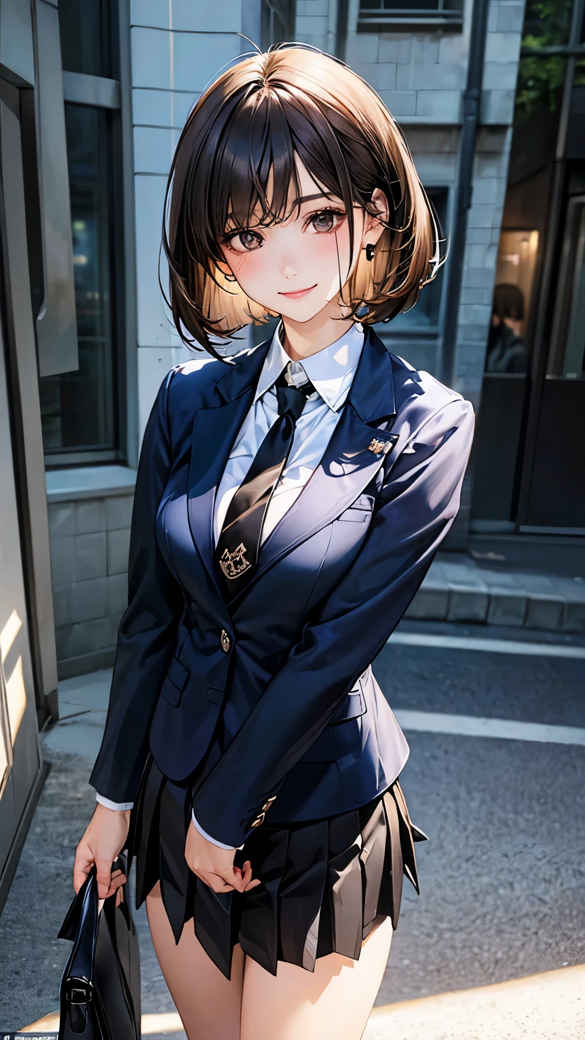 (masterpiece:1.2, top-quality), (realistic, photorealistic:1.4), beautiful illustration, (natural side lighting, movie lighting),
looking at viewer, cowboy shot, front view, 1 girl, japanese, high school girl, perfect face, cute and symmetrical face, shiny skin,
(short hair:1.2, bob cut:1.2, brown hair), swept bangs, dark brown eyes, long eye lasher, (large breasts:0.6, seductive thighs),
beautiful hair, beautiful face, beautiful detailed eyes, beautiful clavicle, beautiful body, beautiful chest, beautiful thigh, beautiful legs, beautiful fingers,
(((black blazer, close blazer), long sleeve white collared shirts, black pleated skirt, black socks, navy tie)),
(beautiful scenery), evening, street, (lift skirt), , (lovely smile, upper eyes),