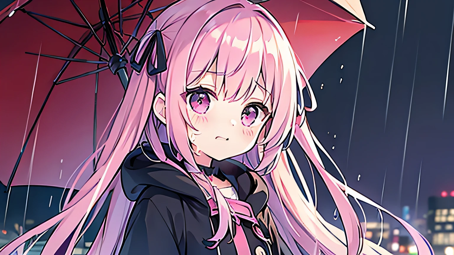 rain, Red umbrella, pink hair, long hair, black coat, purple ribbon, dark, cry