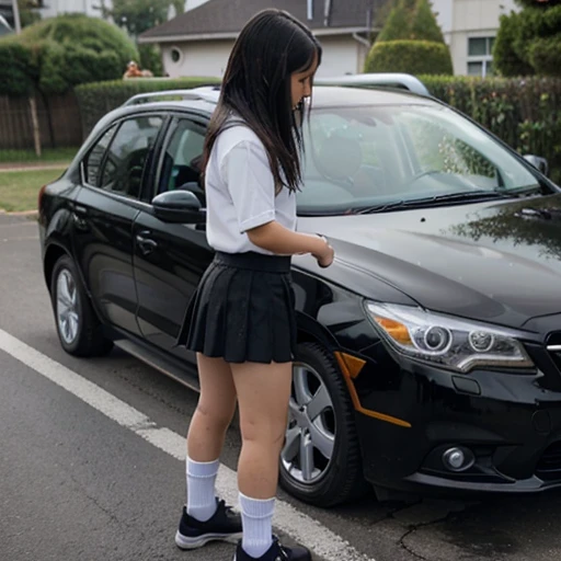 Asian girl in student uniform with short skirt, short socks and black back shoes washing a car
