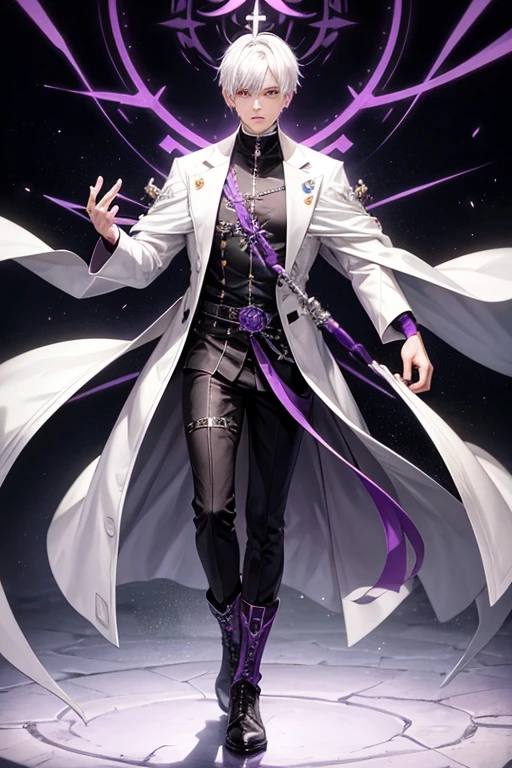 metal .punk.short white hair. purple eyes..cool-headed. walker boots. white coat.priest.male.purple whip.piercing.robust.male다운.face.reply
