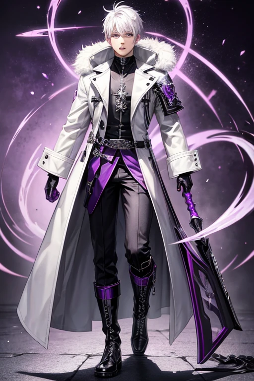metal .punk.short white hair. purple eyes..cool-headed. walker boots. white coat.priest.male.purple whip.piercing.robust.male다운.face.reply
