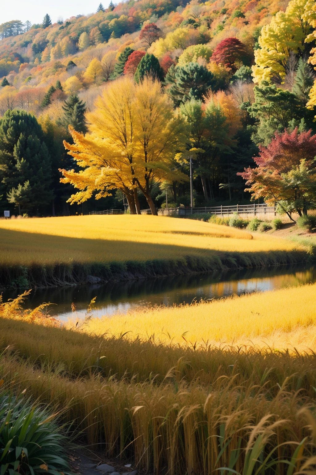 Picturesque colors of autumn,dreamlike。Golden rice fields sparkle in the sun,Maple leaves falling in the autumn wind,Like the stars on the earth。The beauty of autumn,The beauty lies in its tranquility,its deep,its colorful,Let people be intoxicated in this endless autumn color。