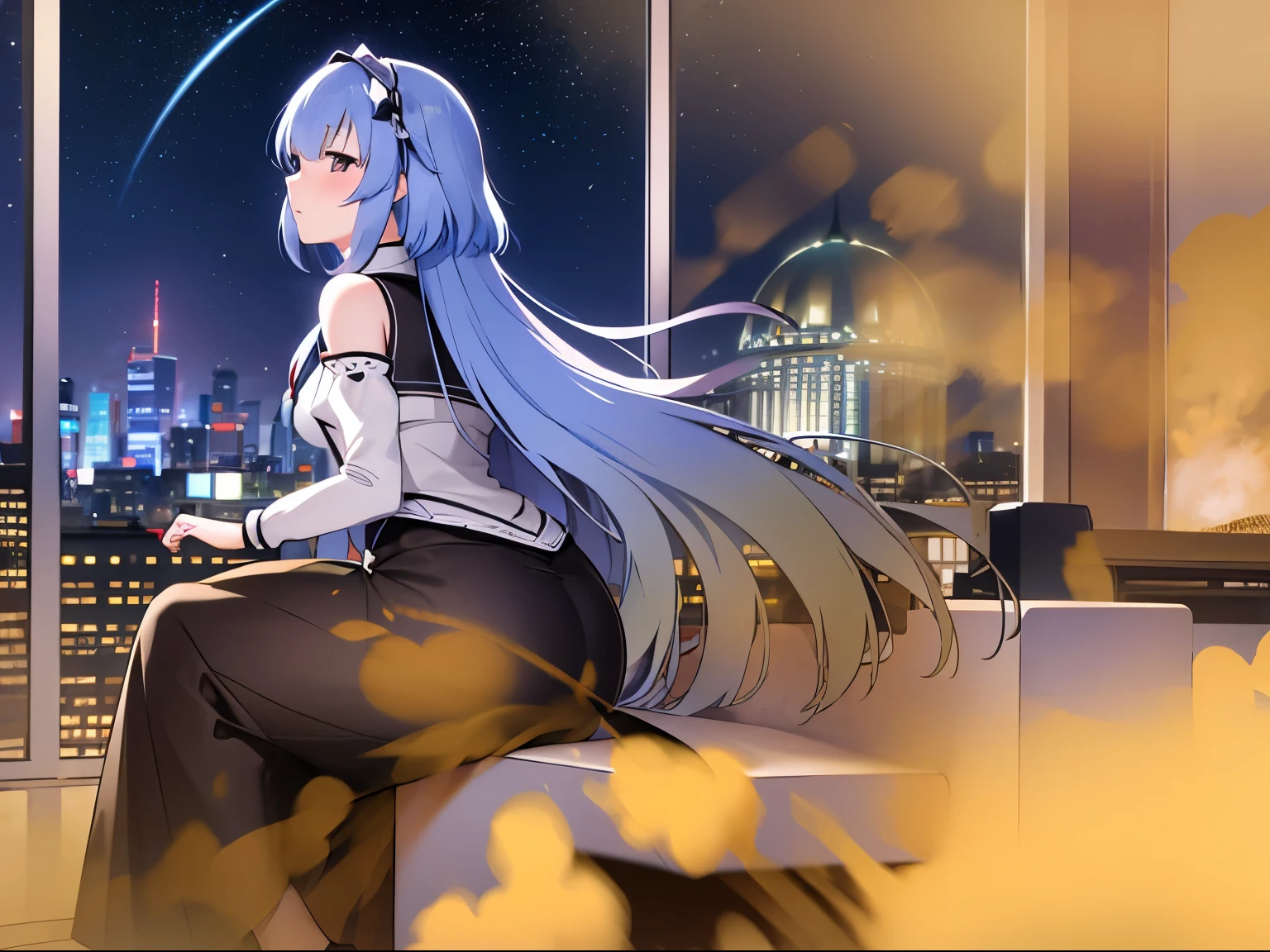 highest quality, masterpiece, very detailed, detailed background, anime, 1 girl, young girl, short girl, Science fiction, SF, outdoor, night, starry sky, greenhouse, Giant structures, Biodome, Wind景, scenery, horizon, rooftop, sitting on rooftop, Wind, look away, atmosphere lighting, focus only, close, From the side, Depth of bounds written, Bokeh