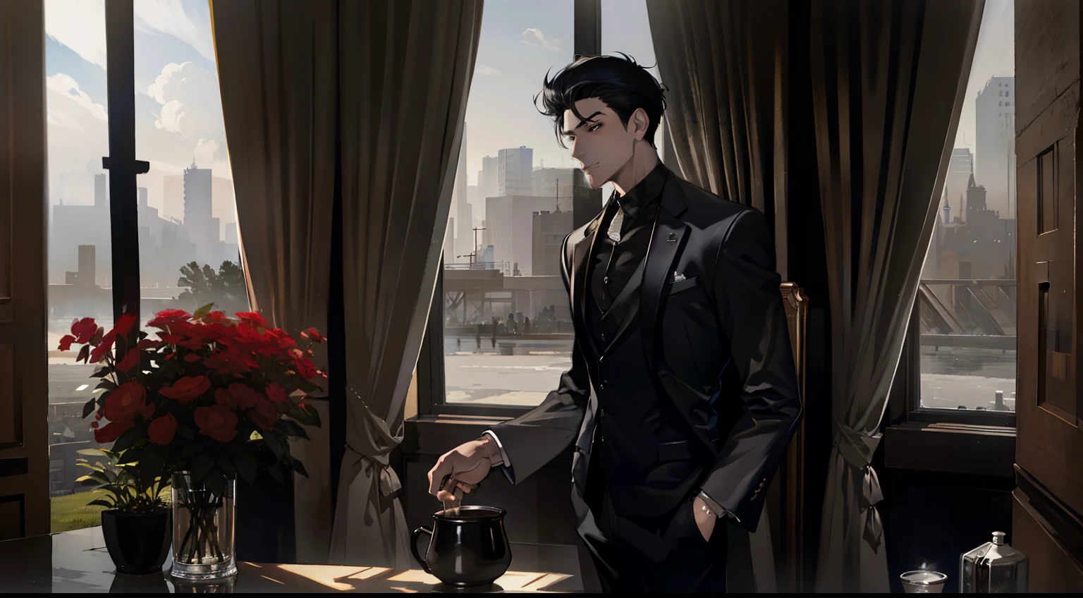 1 male, aldult, Handsome, muscular man, broad shoulders, black eyes, black hair, alone, Black suit, cold，standing posture，Slip pocket，latte pot