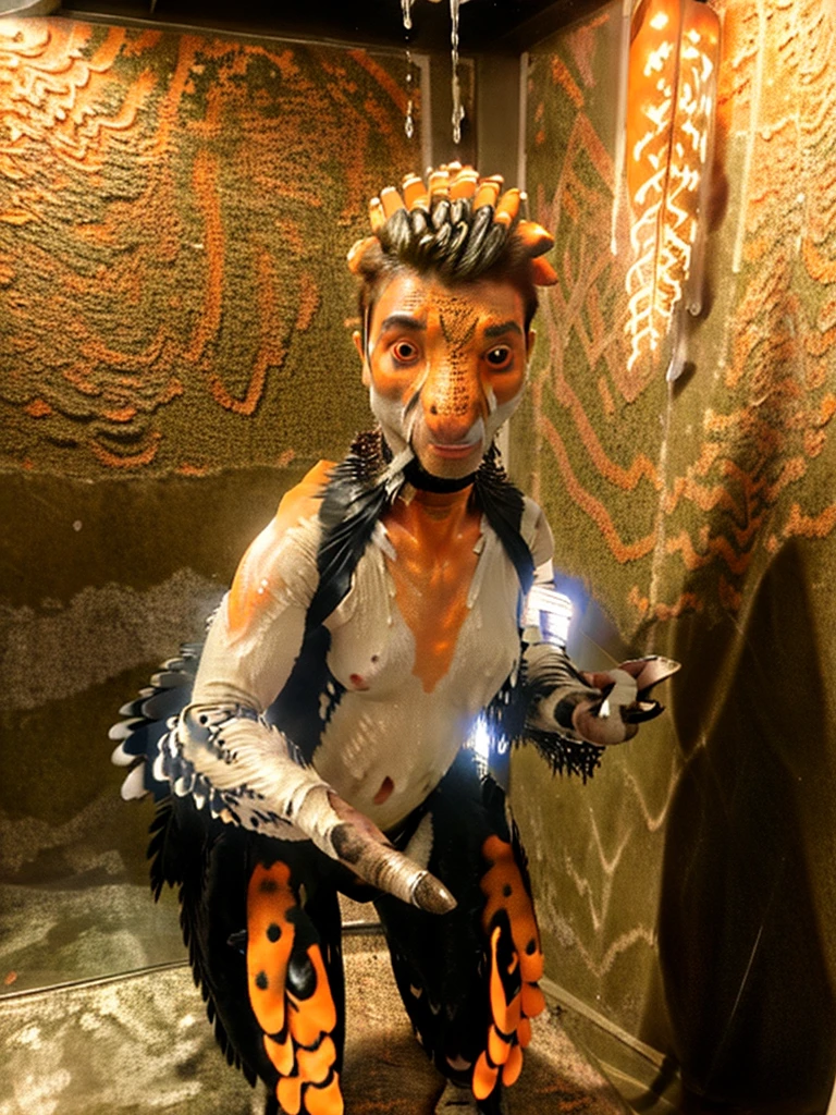 Ultra high resolution, best quality, masterpiece, mirror reflection,  (half transformation), young male human feathered deinonychus animatronic mascot girl fursuit hybridization metamorphosis, in dark abandoned unlit bathroom, (part human:1.6) (part feral:1.3), (orange:1.9) (tawny:1.5) (striped:1.2) (spotted:1.1), ((liquid goo partial dripping encasement)), Five nights at Freddy’s style, you stare at your reflection in horror as you morph into a decrepit animatronic feathered deinonychus mascot girl, transgender transformation male to female
