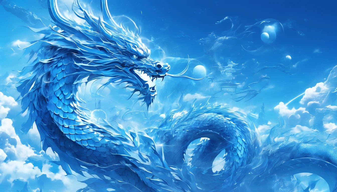 Sci-fi style poster, future world, meta-universe, The blue, the technology, the abstraction, the light, the overall sense of layer, positive, blue Chinese dragon, HD, simple and clear picture,