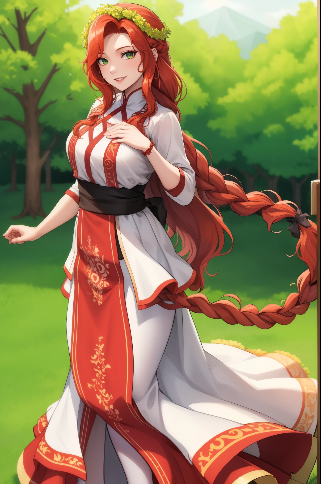 masterpiece, best quality, titania, braided ponytail, white dress, sash, red boots, looking at viewer, head wreath, smile, farmhouse 