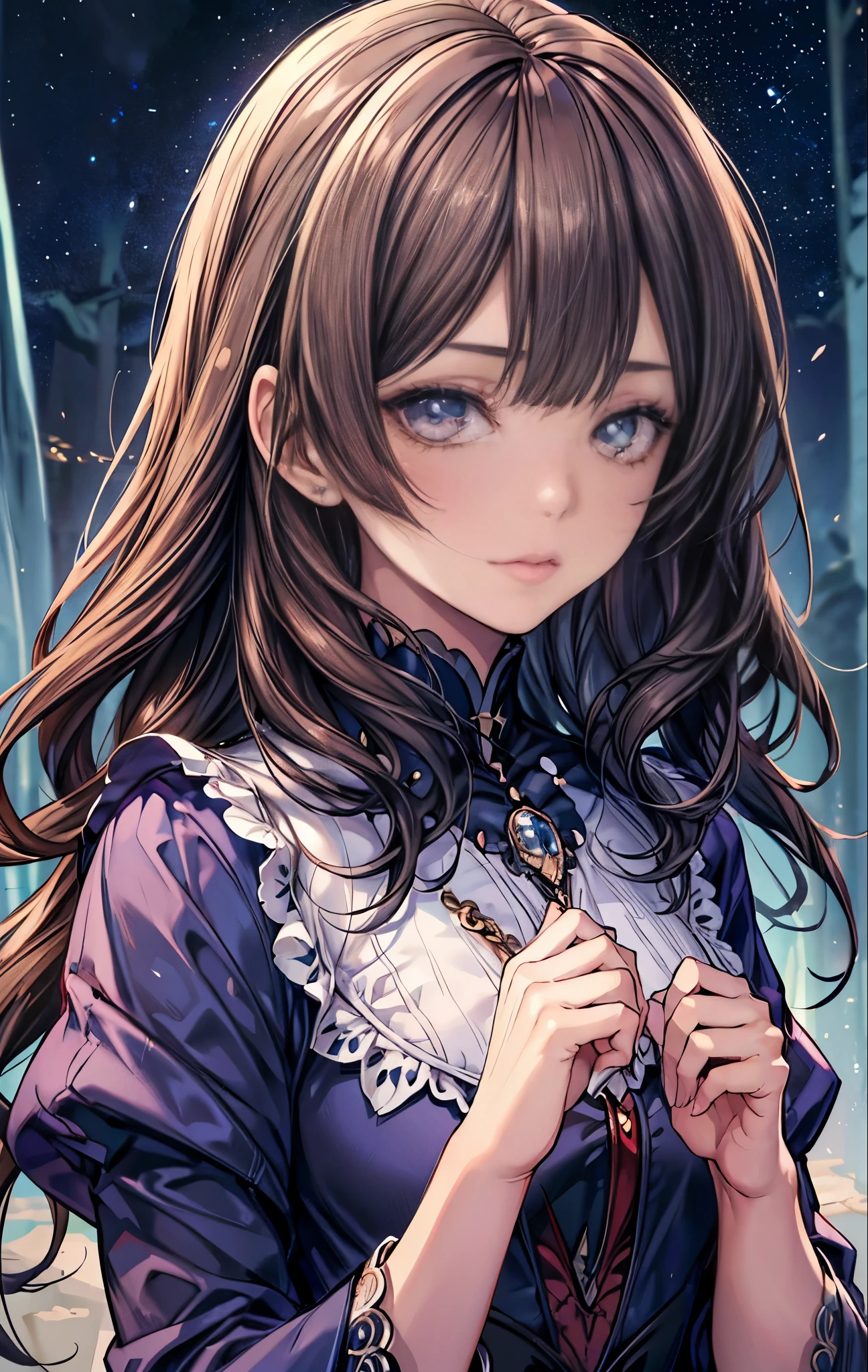 ((top quality)),(Super high resolution),(super detailed face),(detailed description),((best anime)),(best work of art),sharp, super precision art, amazing art of depiction,The beauty of intricate and meticulous details:1.3, ((woman:1.5)), clear shining eyes, very detailed, high quality, masterpiece, (最high quality:1.4), (masterpiece:1.4), ultra high resolution, 8K, cg, exquisite, Upper body, Lonely, thumb girl, Princess, Blue Taffeta Coat Dress, forest background, detailed facial features, brown hair, almond shaped eyes, detailed eye makeup, long eyelashes, Amber eyes with a starry gaze, delicate lip details, soft and harmonious style