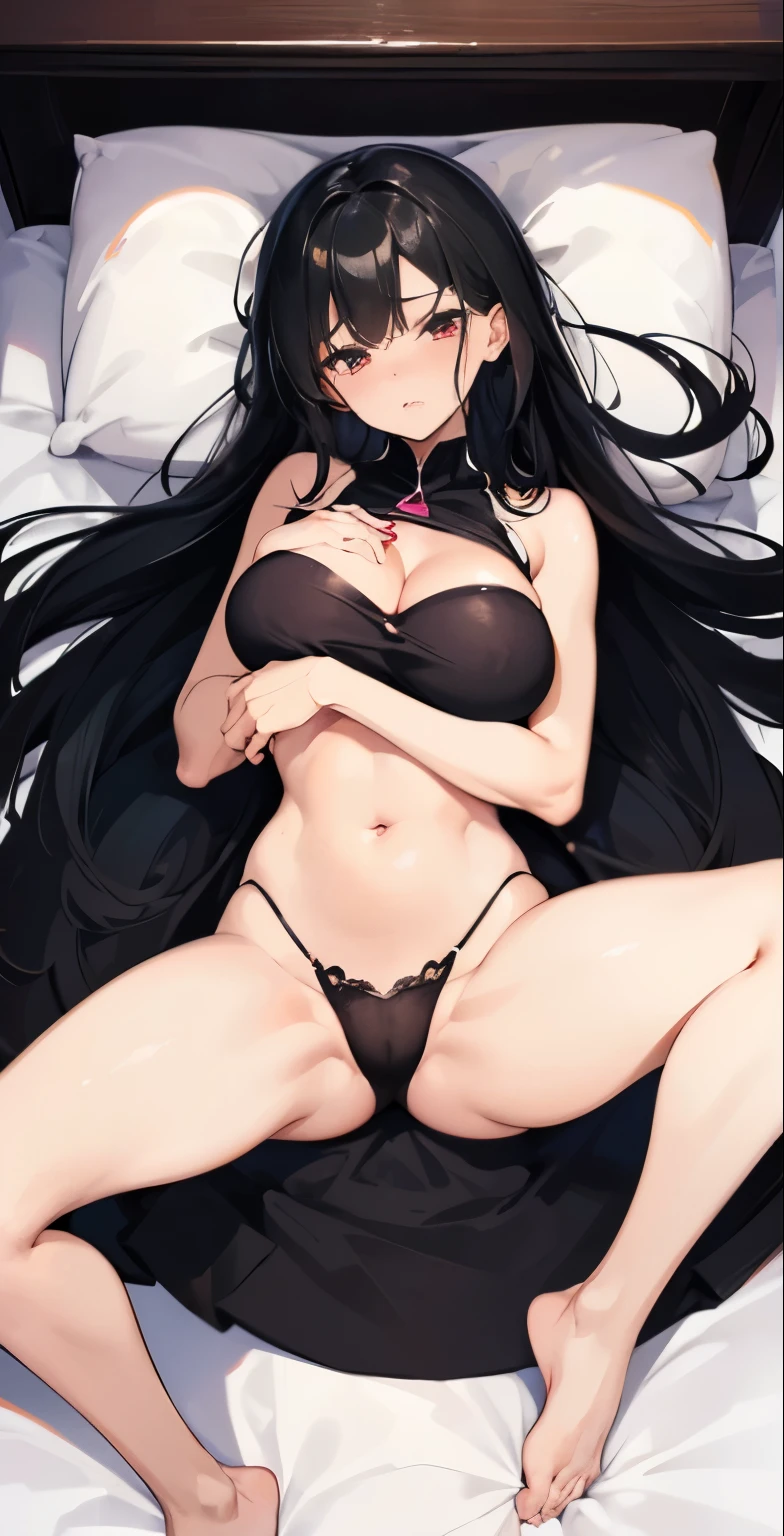 (actual, very high resolution: 1.3), 1 girl with perfect figure, The face shape and eyes are super thin, Shy, black hair, long hair, big breasts, Vest: 1.2 colors random, Black bandeau, Everlasting , Lying in bed,spread legs,M leg type,Hold your legs with both hands,The soles of the feet dangle,red cheeks,Expose the chest,Ejection of fluid from germ cells in the chest,There is hair under the belly button,The expression is random,big breasts,pained expression。Sweating
